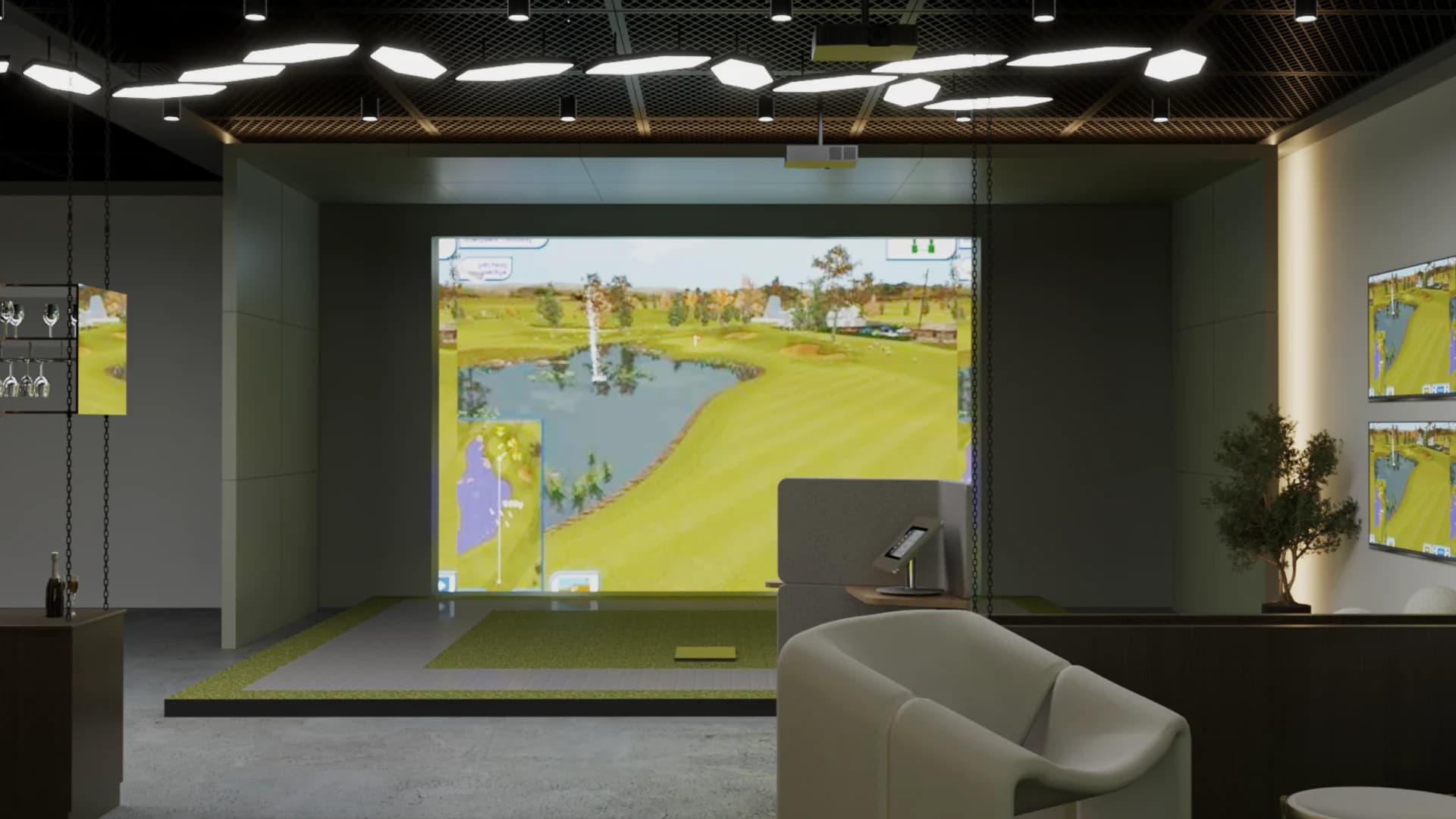 Simulator bay with hexagonal pendant lights, cream lounge chair, wall-mounted score screens