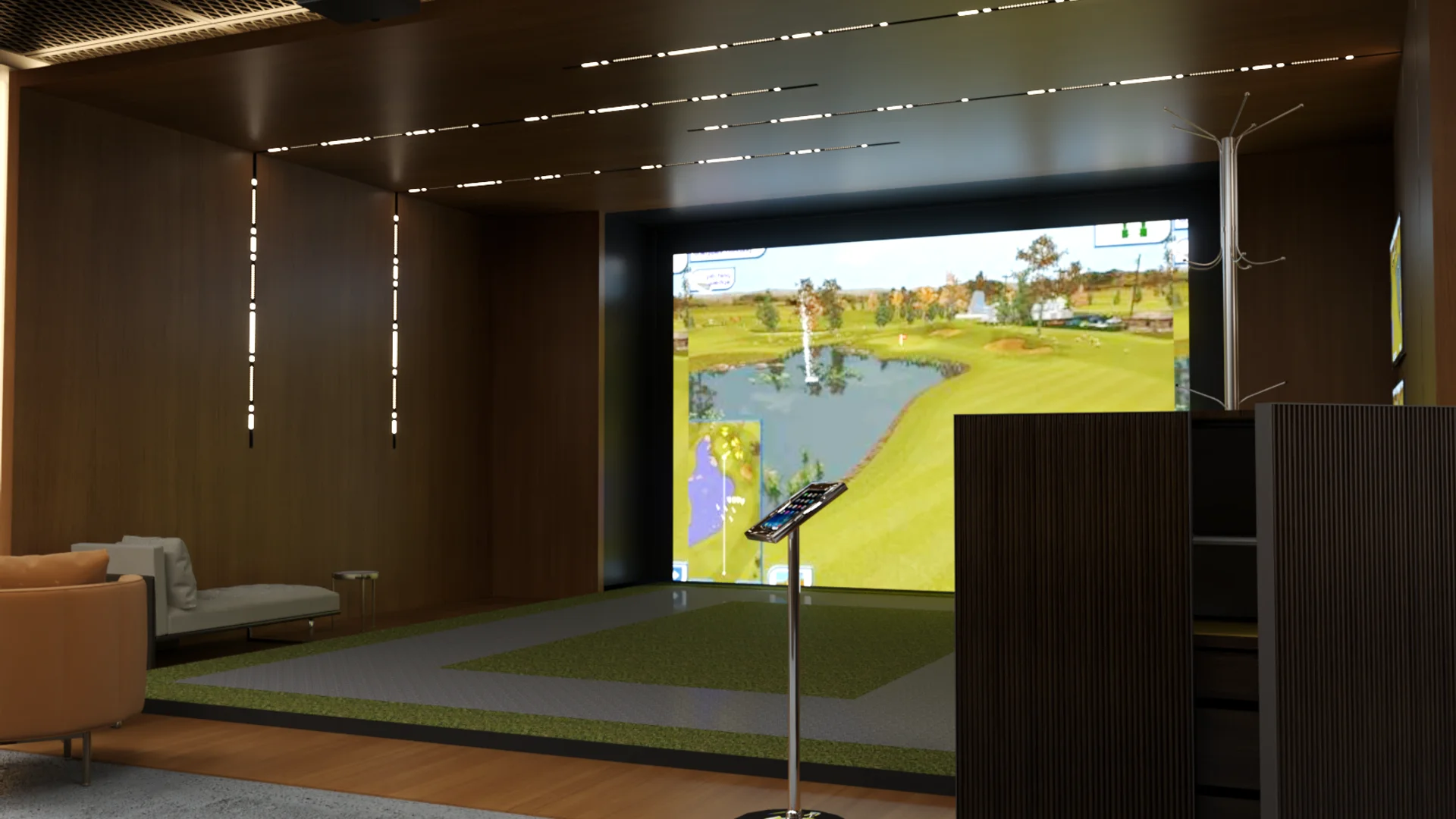 Simulator bay with warm walnut wall panels, caramel sofa, tablet stand, wood plank floor