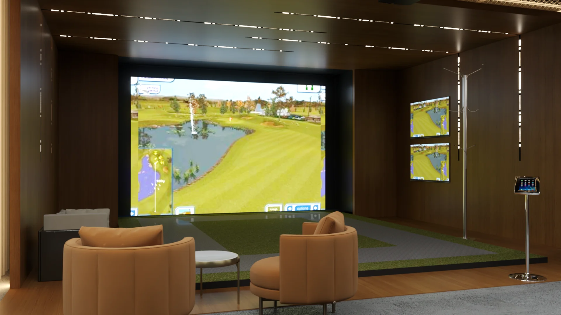 Simulator bay with walnut wood panels, two tan curved armchairs, floor tablet stand