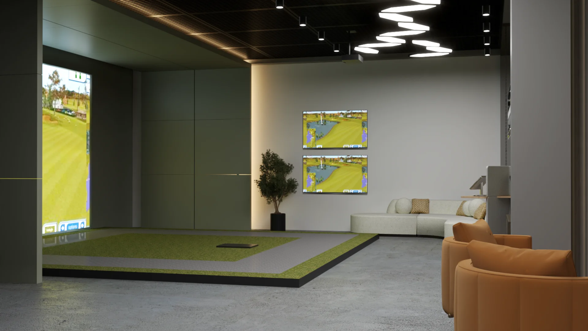 Simulator bay with large screen, white sofa, caramel lounge chairs, wavy pendant ceiling lights