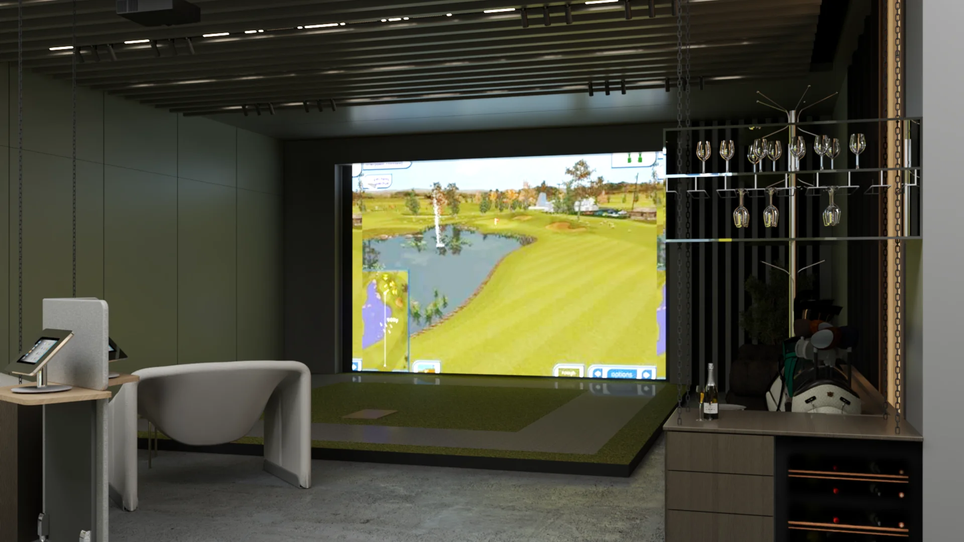 Private simulator bay with built-in wine cooler, overhead glass rack, white pod chair