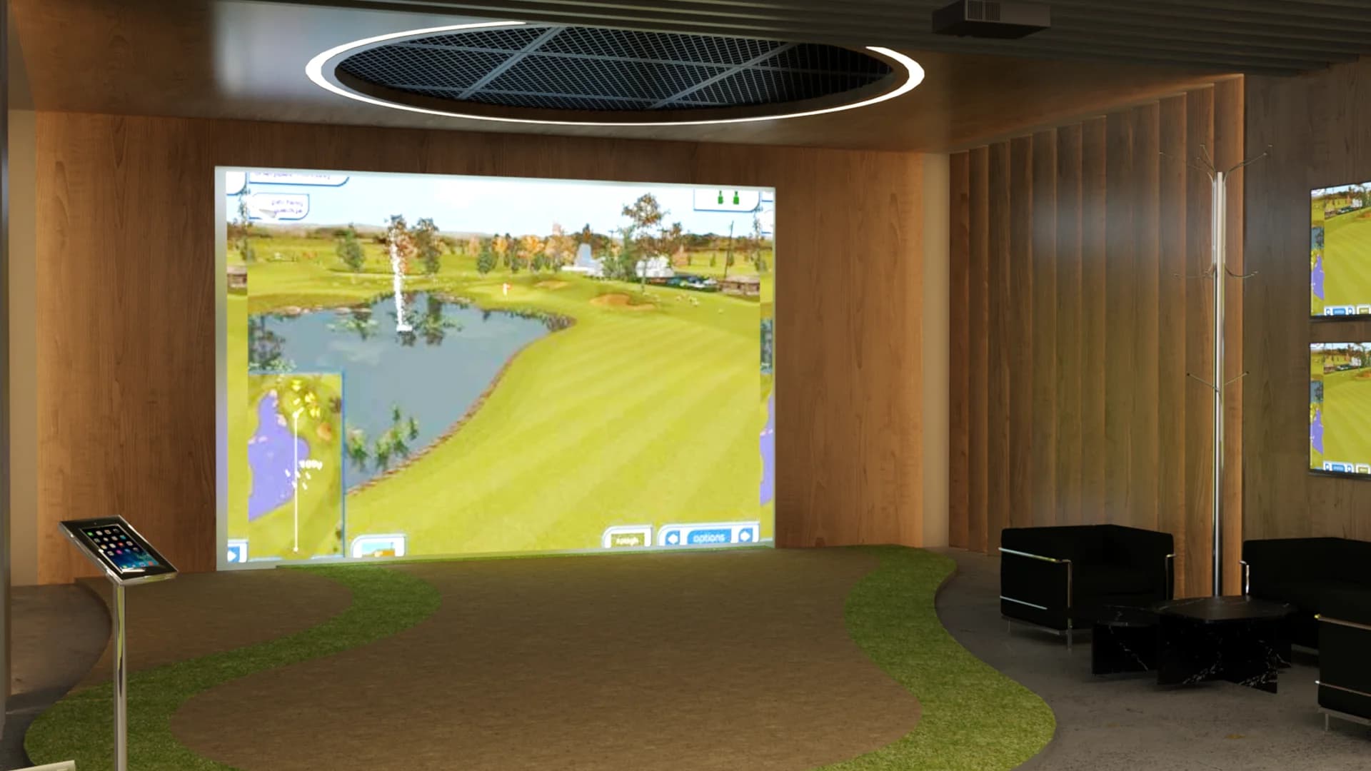Simulator bay with full wood slat walls, curved green turf floor border, ring ceiling light