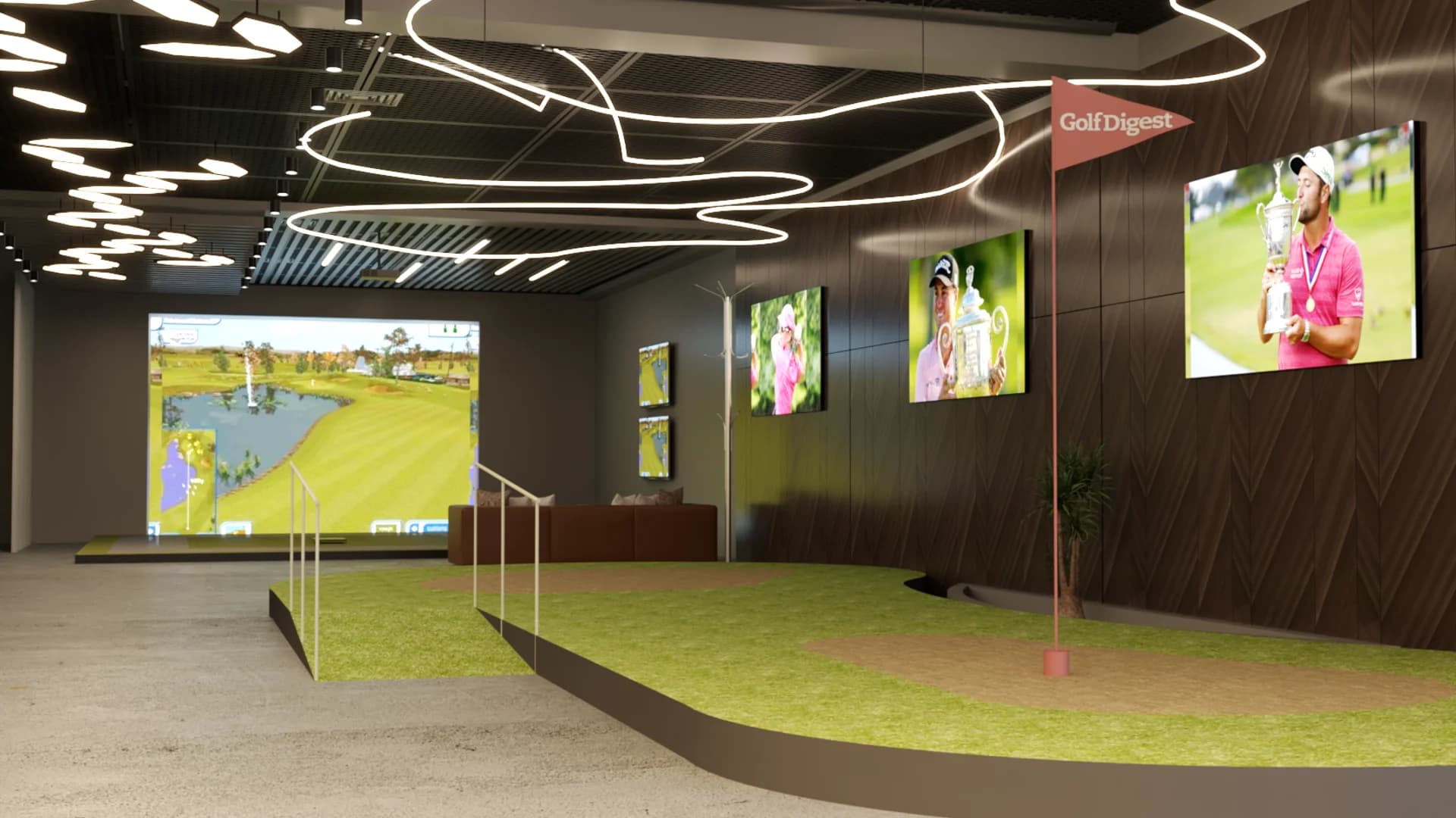 Simulator bay hall with curved putting green, sculptural neon ceiling lights, golf photo wall