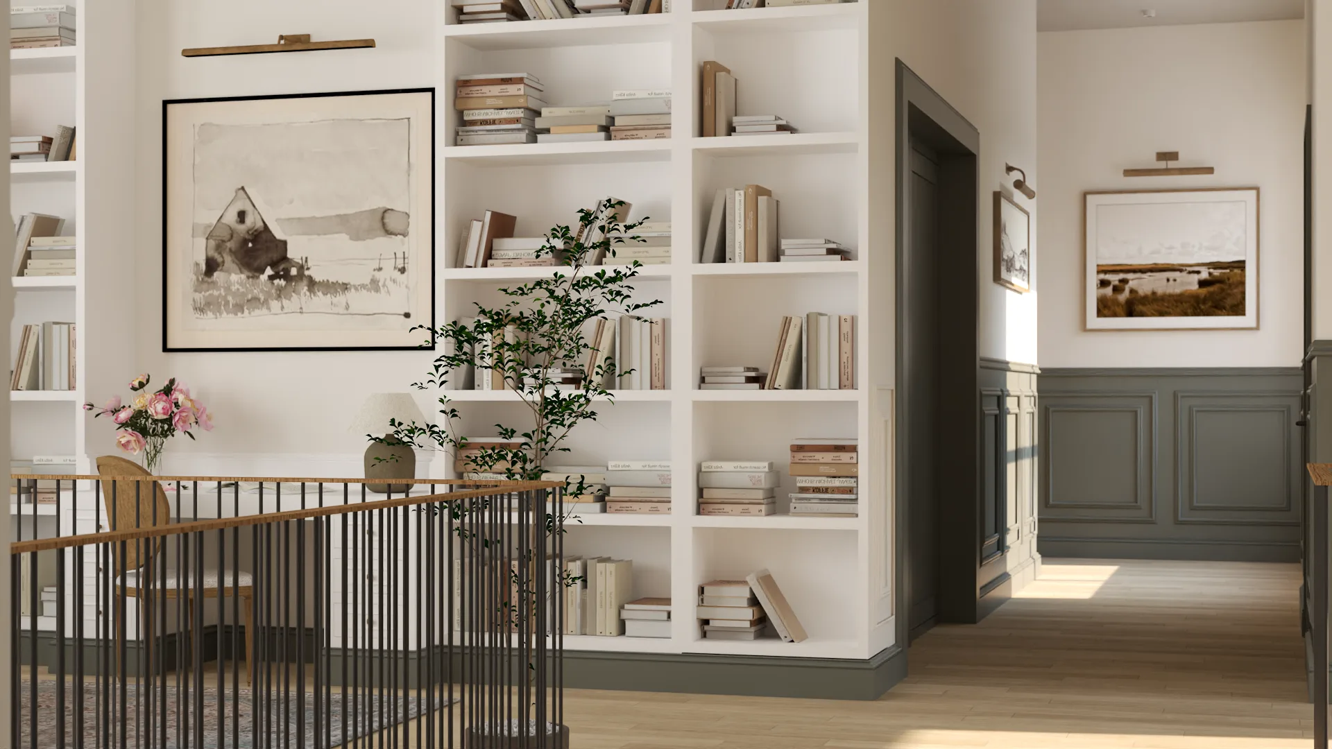 Staircase landing with white floor-to-ceiling bookshelf, sage wainscoting panels, iron rod balusters with oak handrail, and landscape art