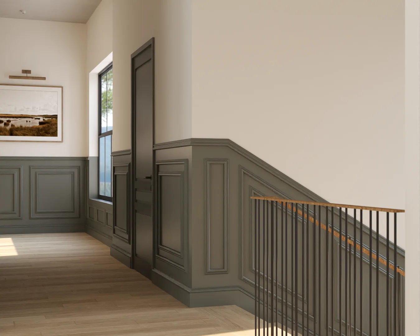 Stair landing hallway with gray-green wainscoting, iron rod balusters, and landscape art