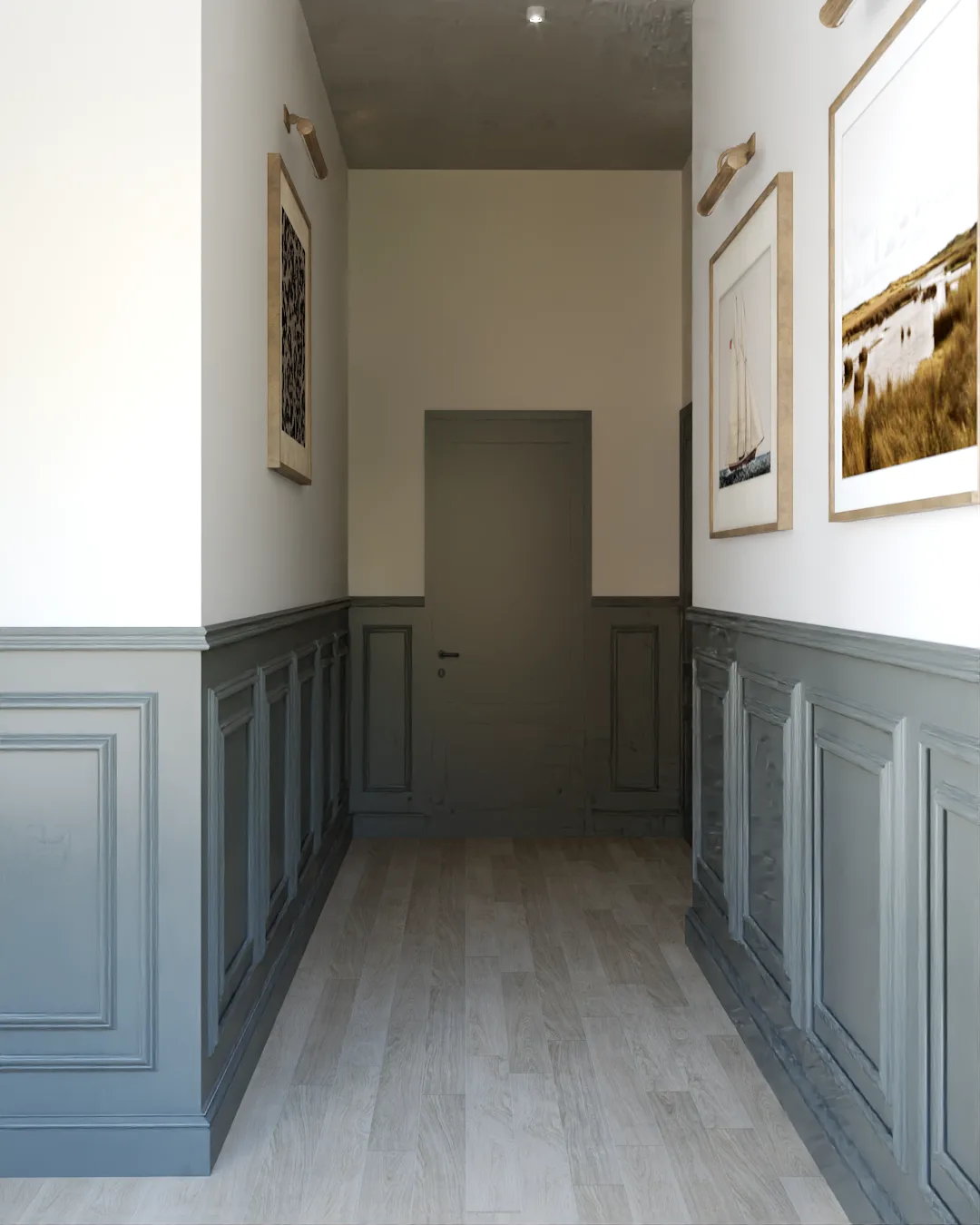 Hallway corridor with wainscoting panels and gallery art with picture lights