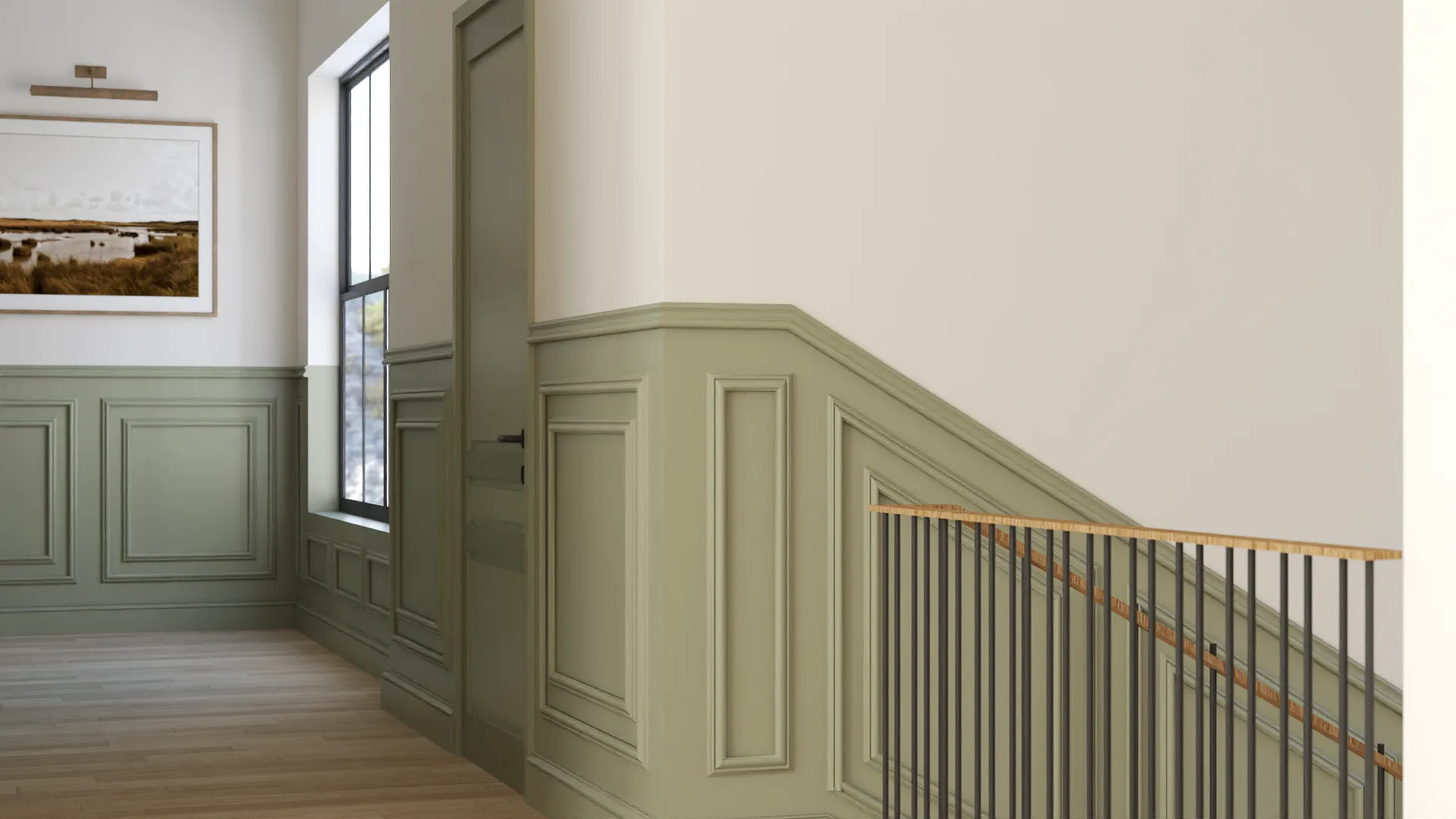 Close-up of sage wainscoting panels, iron rod balusters, and landscape art