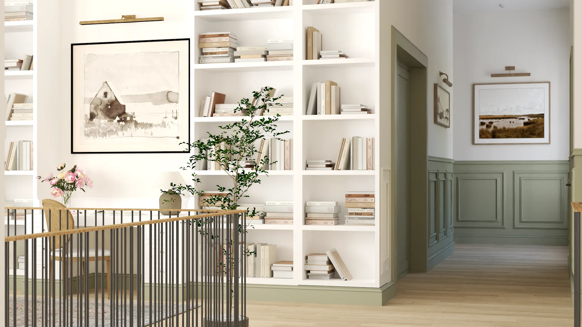 Wide landing view with white bookshelf, sage wainscoting, and iron-oak railing