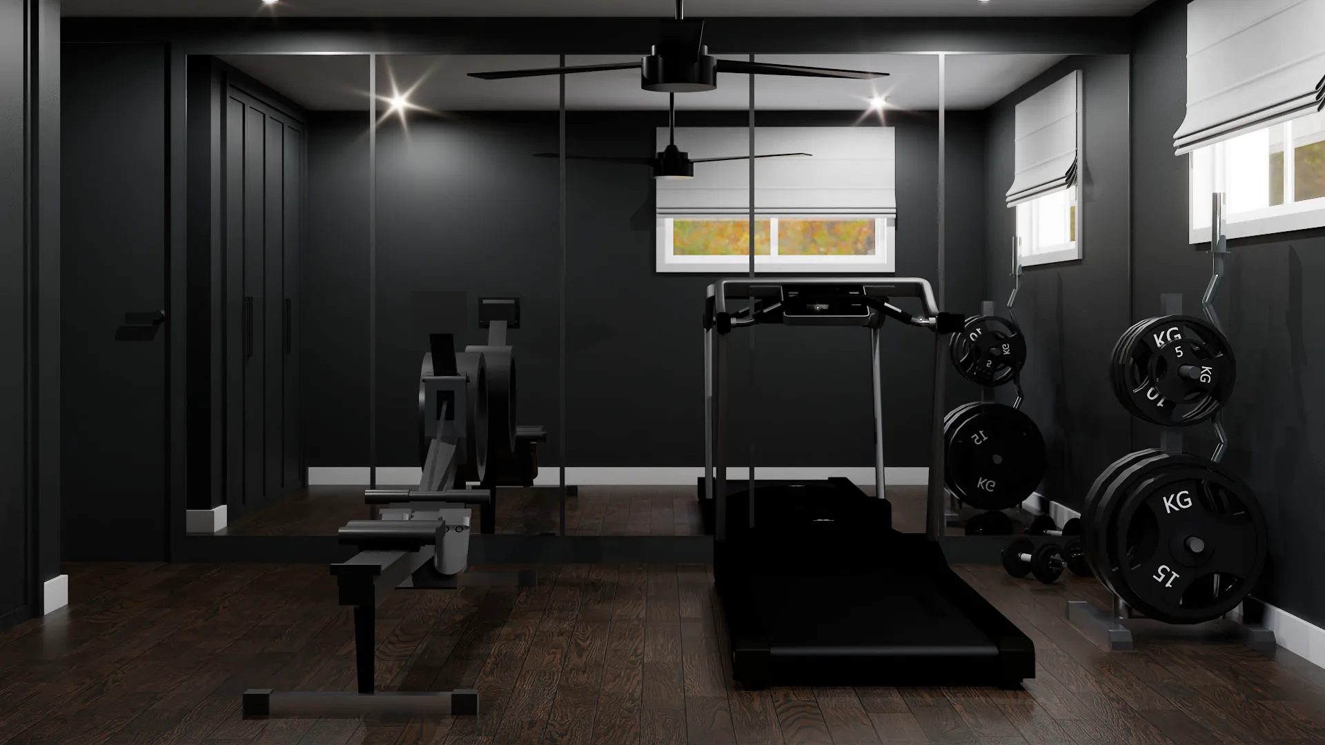 Dark charcoal basement home gym with panel molding walls, treadmill, full wall mirror, weight plate rack, and black ceiling fan with spotlights
