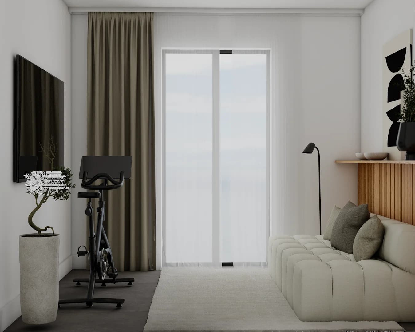 Organic modern home gym with black spin bike, cream boucle sofa, olive tree planter, and oak slat wall panel