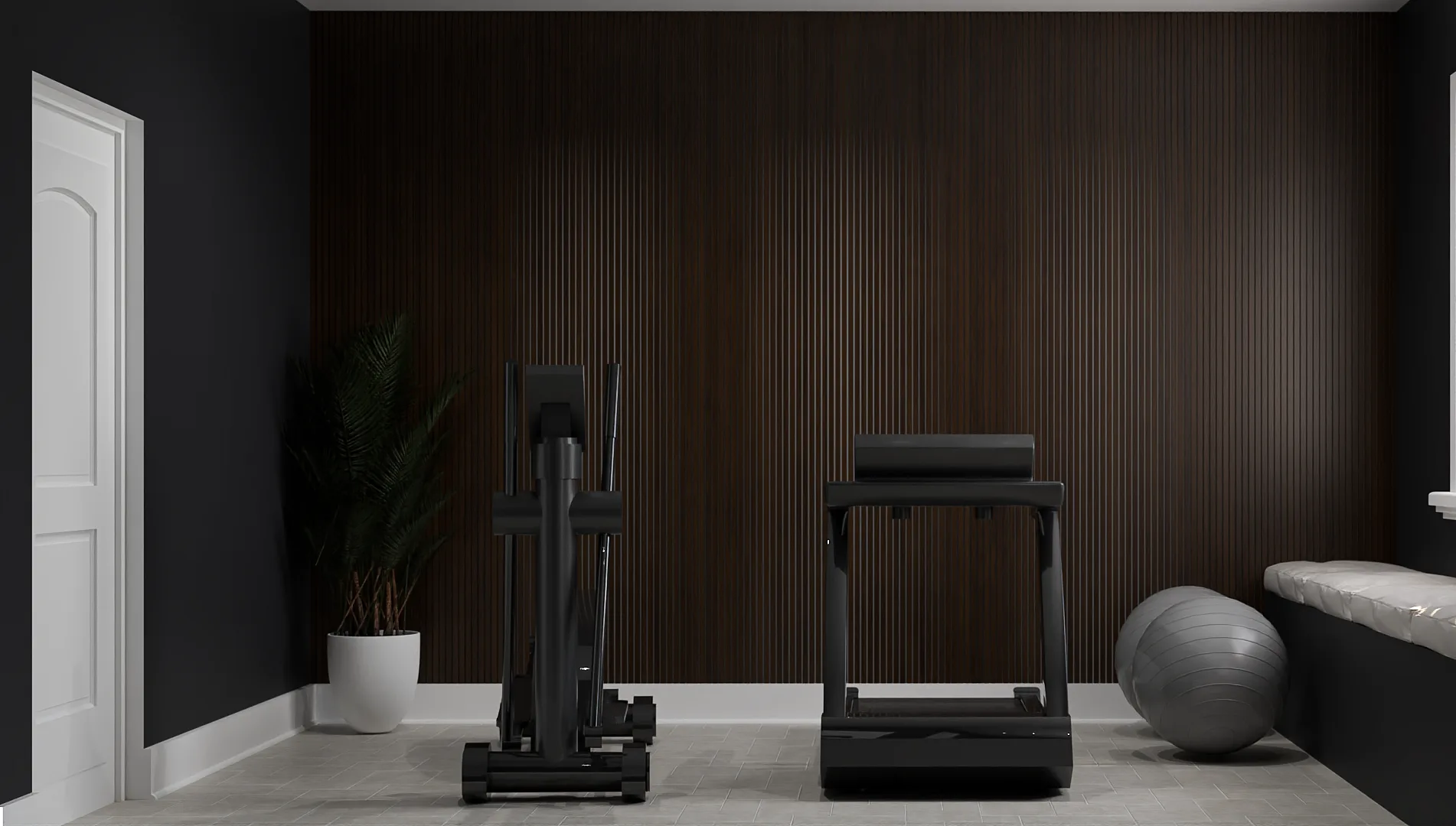 Dark home gym with walnut vertical slat accent wall, black elliptical, treadmill, and gray concrete floor