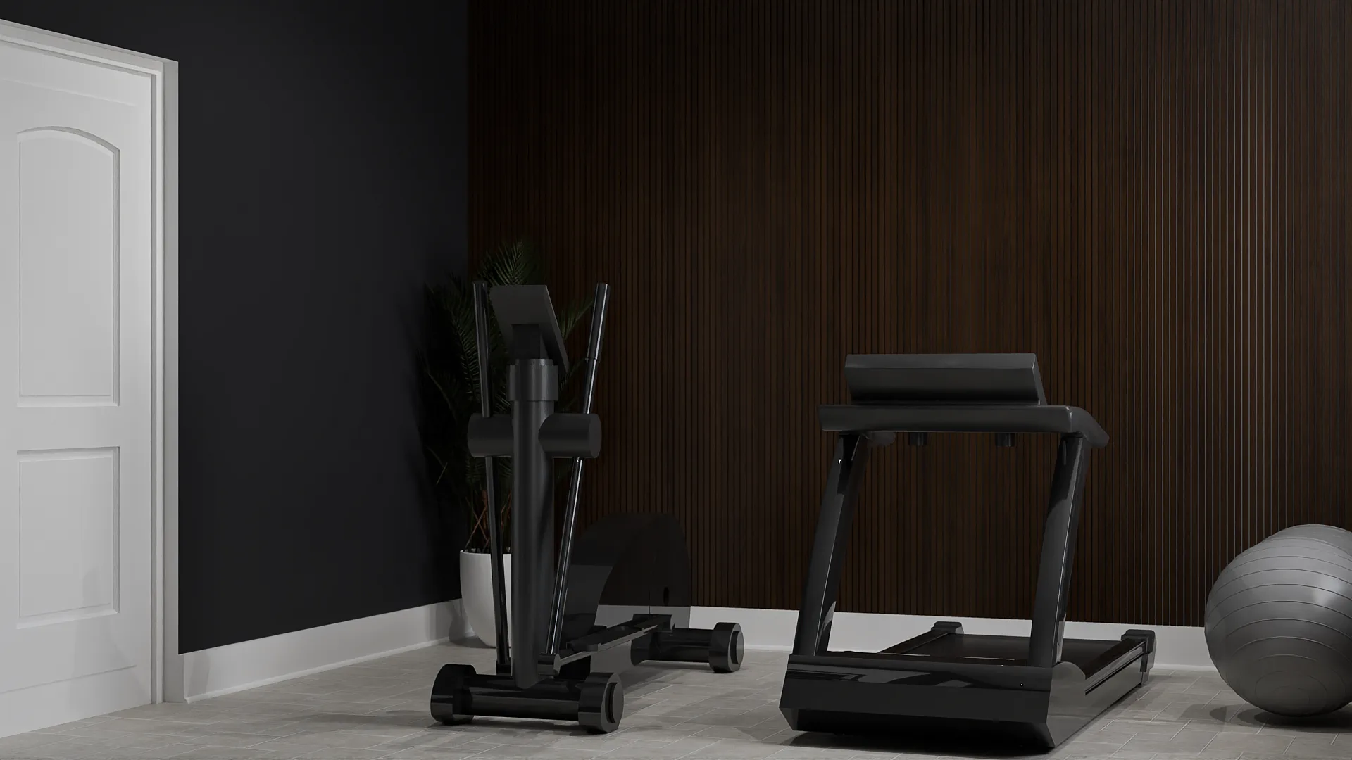 Dark home gym corner with walnut slat wall, black elliptical, and exercise ball near arched door