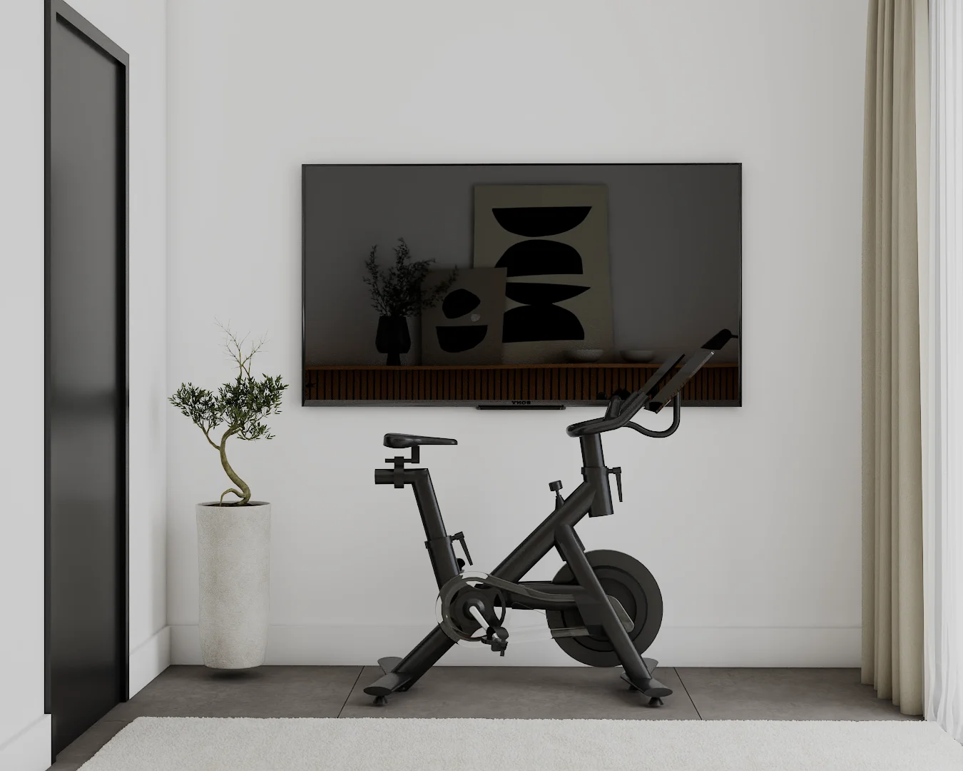 Indoor cycling bike facing wall-mounted TV above black slatted console with olive sapling