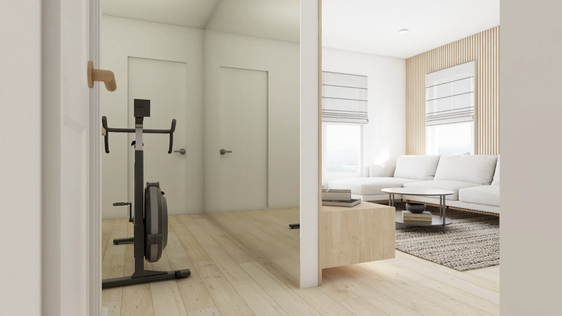 Japandi open-plan home with air bike gym nook behind a wall opening, cream sectional sofa, slatted oak accent wall, and light oak flooring
