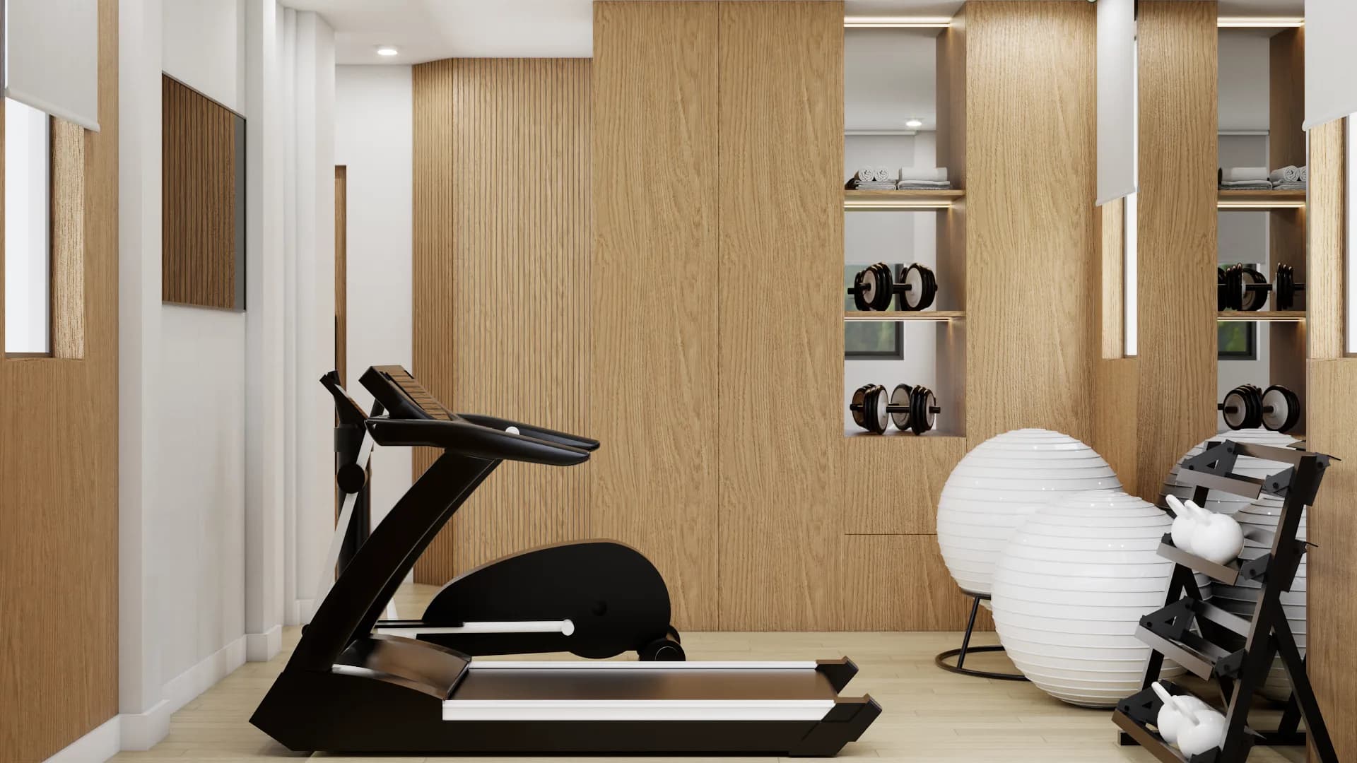 Front view of home gym treadmill with oak panel storage wall and exercise balls