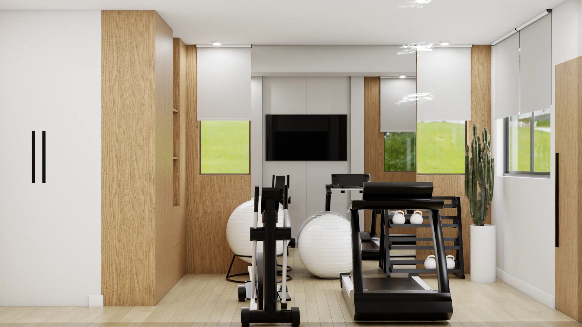 Home gym with floor-to-ceiling oak panels, built-in dumbbell shelving, treadmill, elliptical, and mirrored TV wall