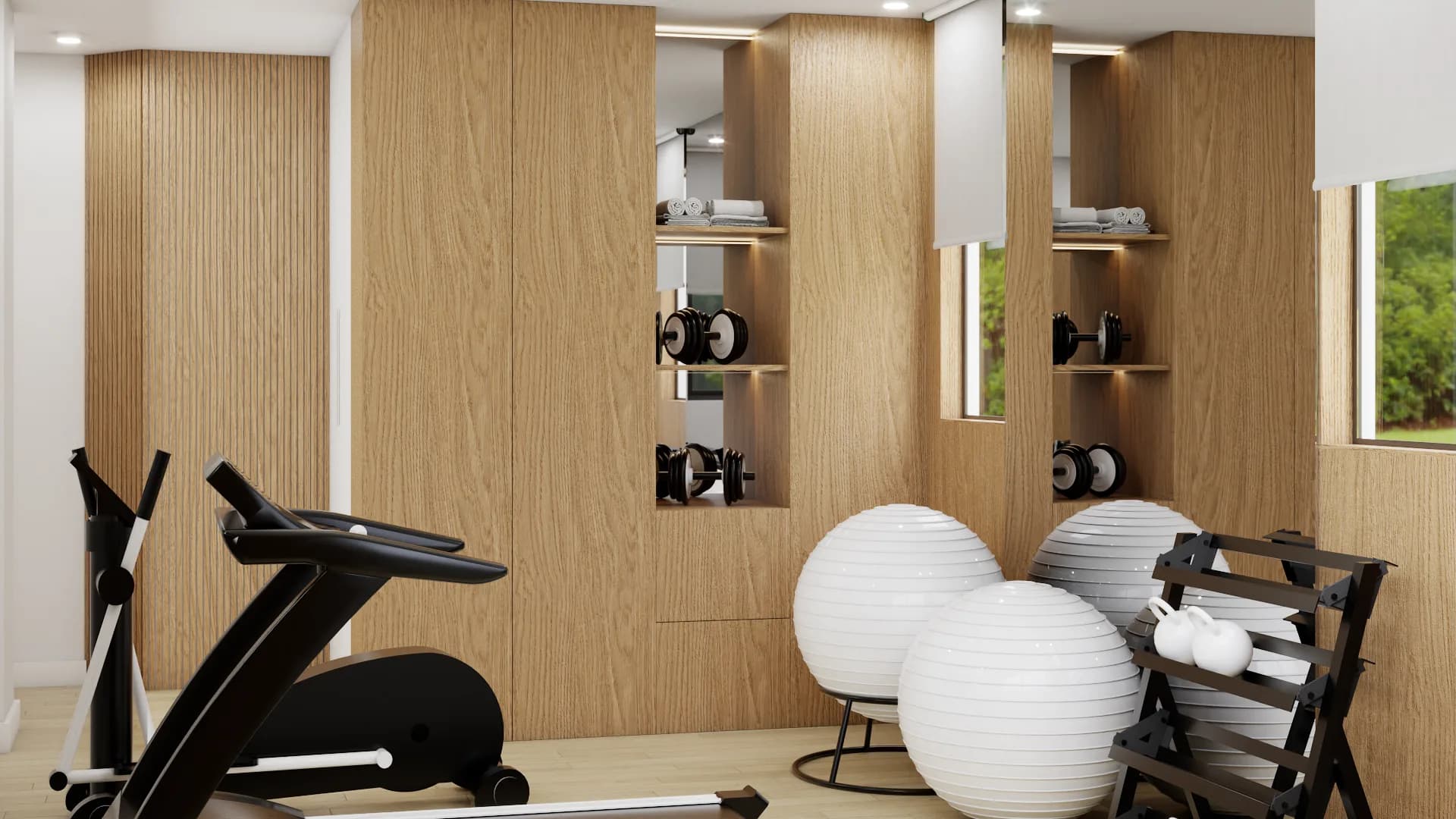 Close-up of built-in oak panel shelving with organized dumbbells and exercise balls