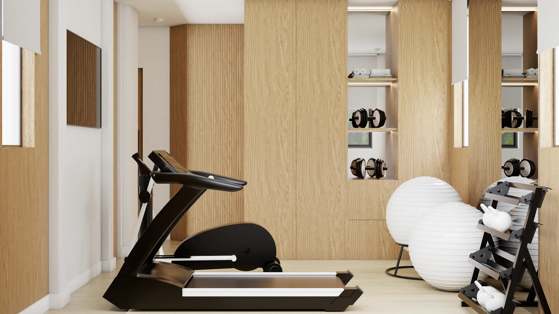 Treadmill facing oak wood panel wall with open dumbbell shelving and wall sconces