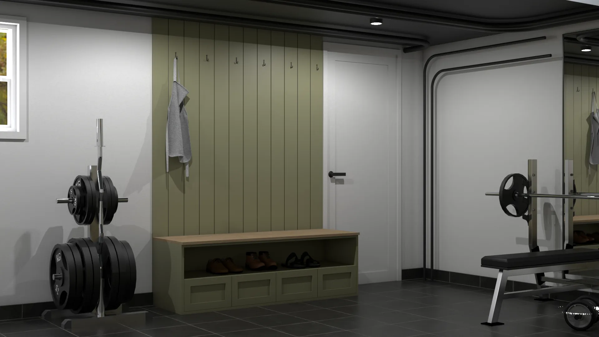 Sage locker-style coat rack with bench seating, shoe cubbies, and weight plate rack in basement mudroom gym