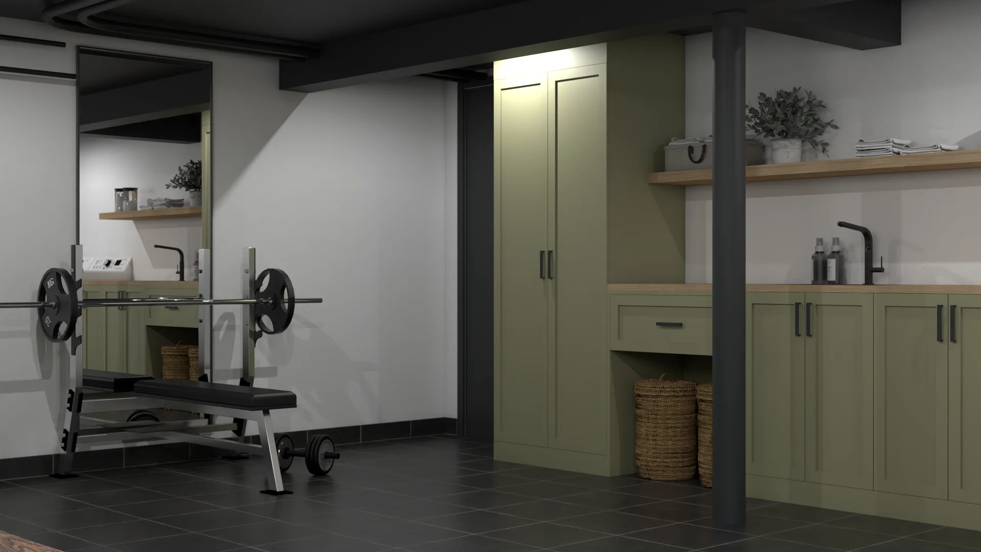 Basement mudroom home gym with sage green shaker cabinets, butcher block counter, bench press through doorway, and dark slate tile floor