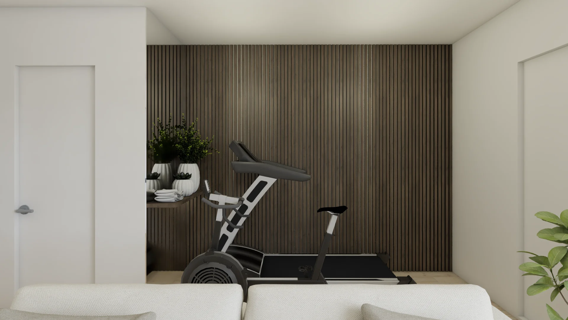Spin bike against dark walnut slat wall close-up