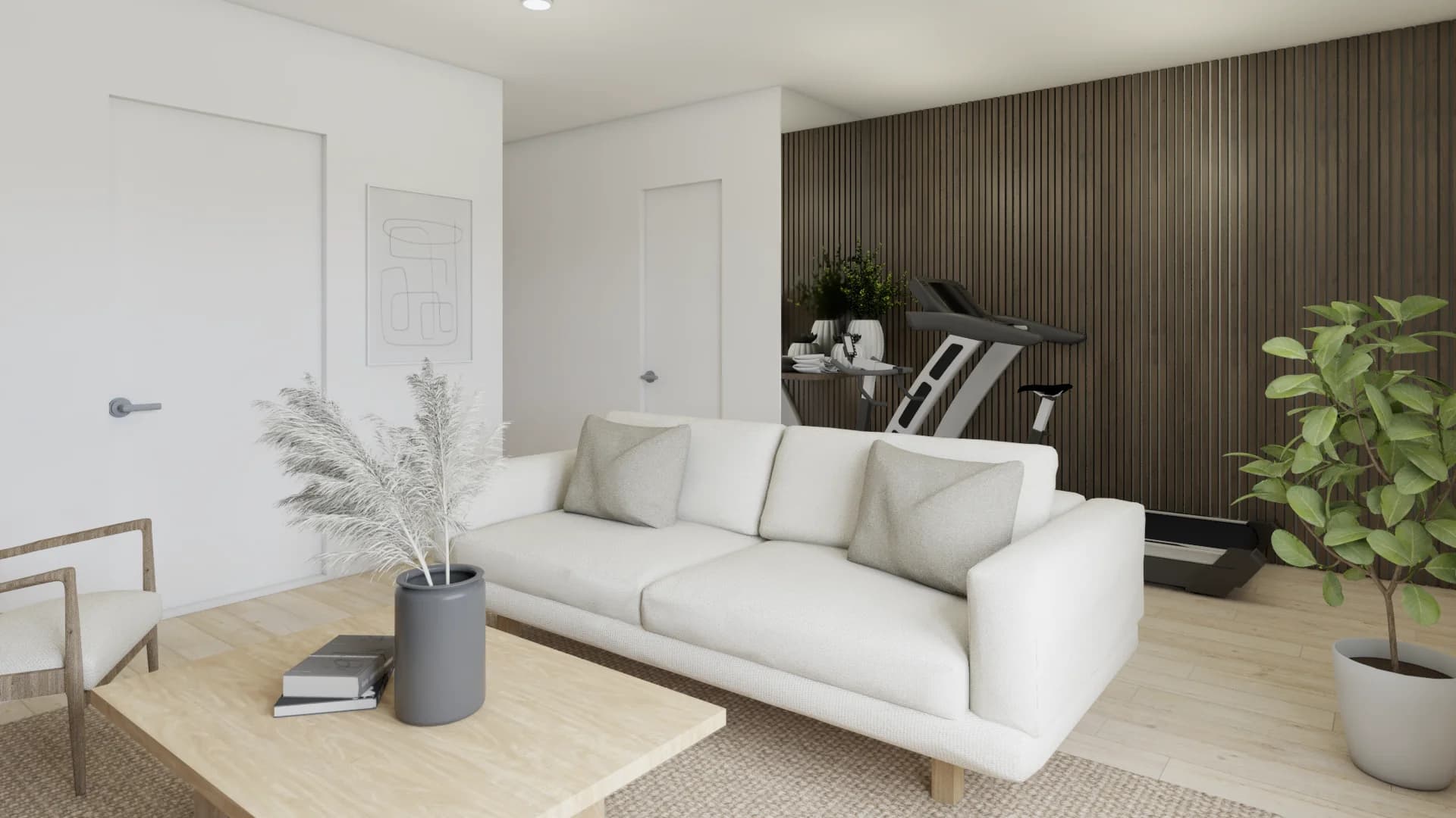 Contemporary home gym with dark walnut floor-to-ceiling slat wall, stationary bike, cream sofa, and white walls with light oak flooring