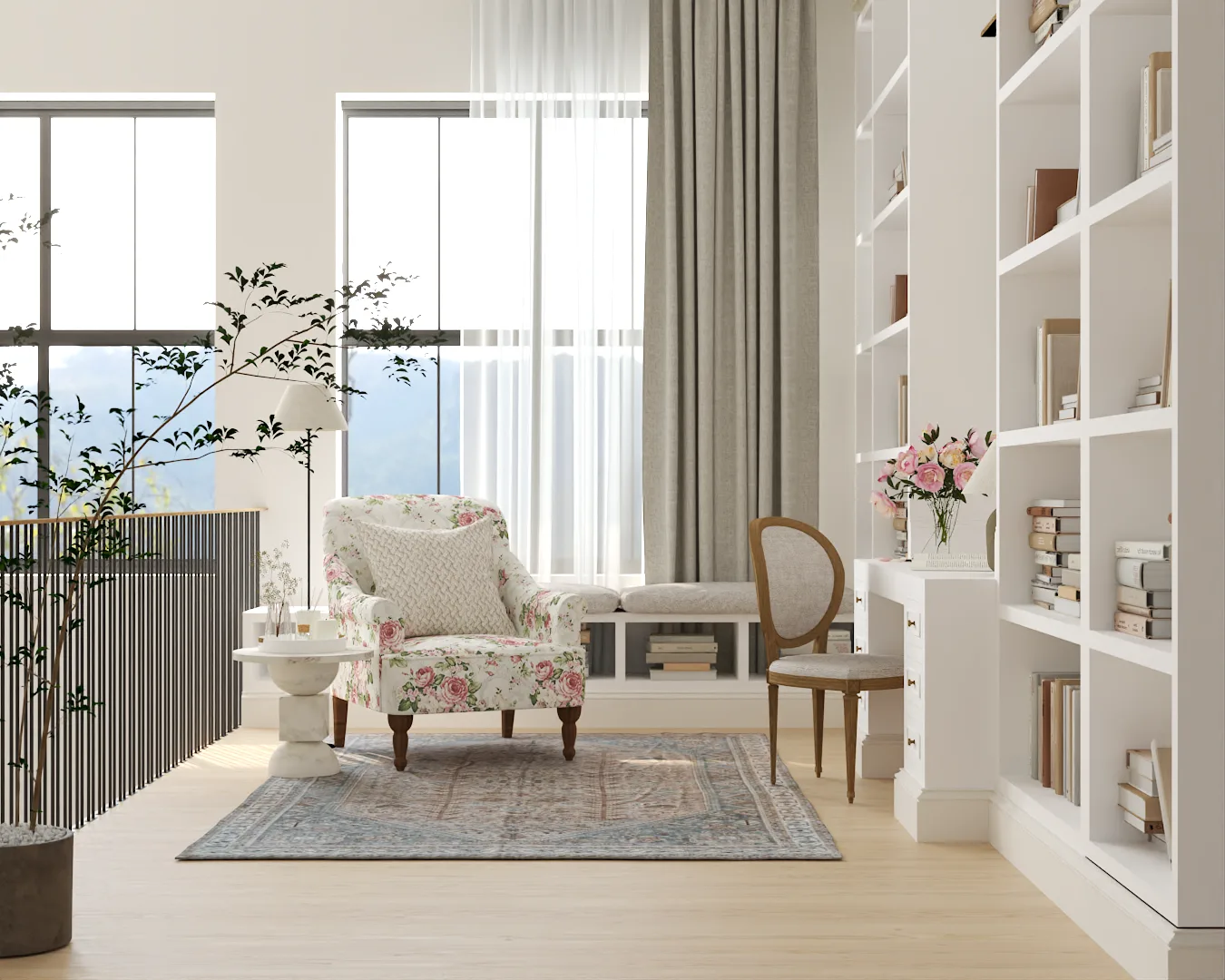 Floral armchair and French side chair on blue Persian rug beside slat room divider