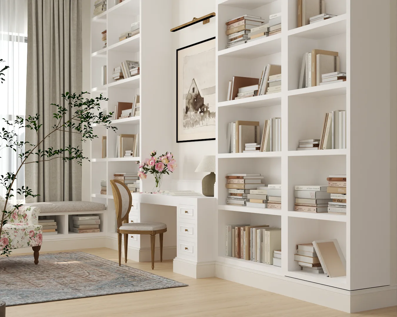 Floor-to-ceiling white built-in library with integrated writing desk, French medallion chair, pink roses, and botanical art