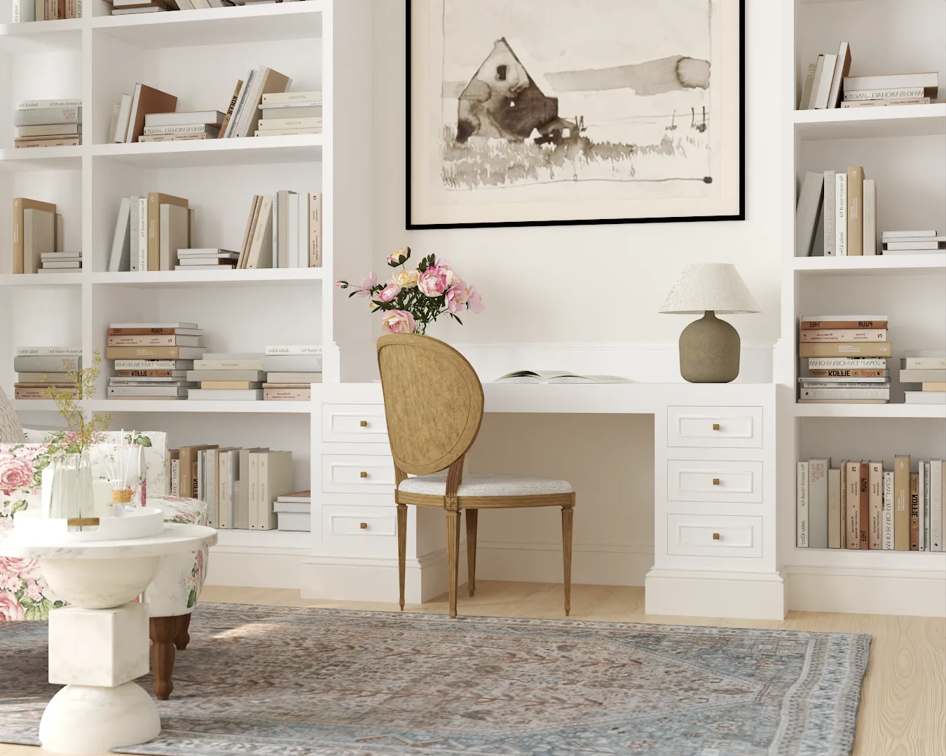 Integrated white built-in desk with French medallion chair, ceramic lamp, and pink roses