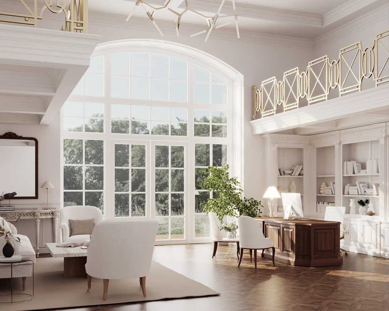 Airy home office with large windows and elegant furniture, providing a perfect setting for productivity, designed by Debora in New York City.