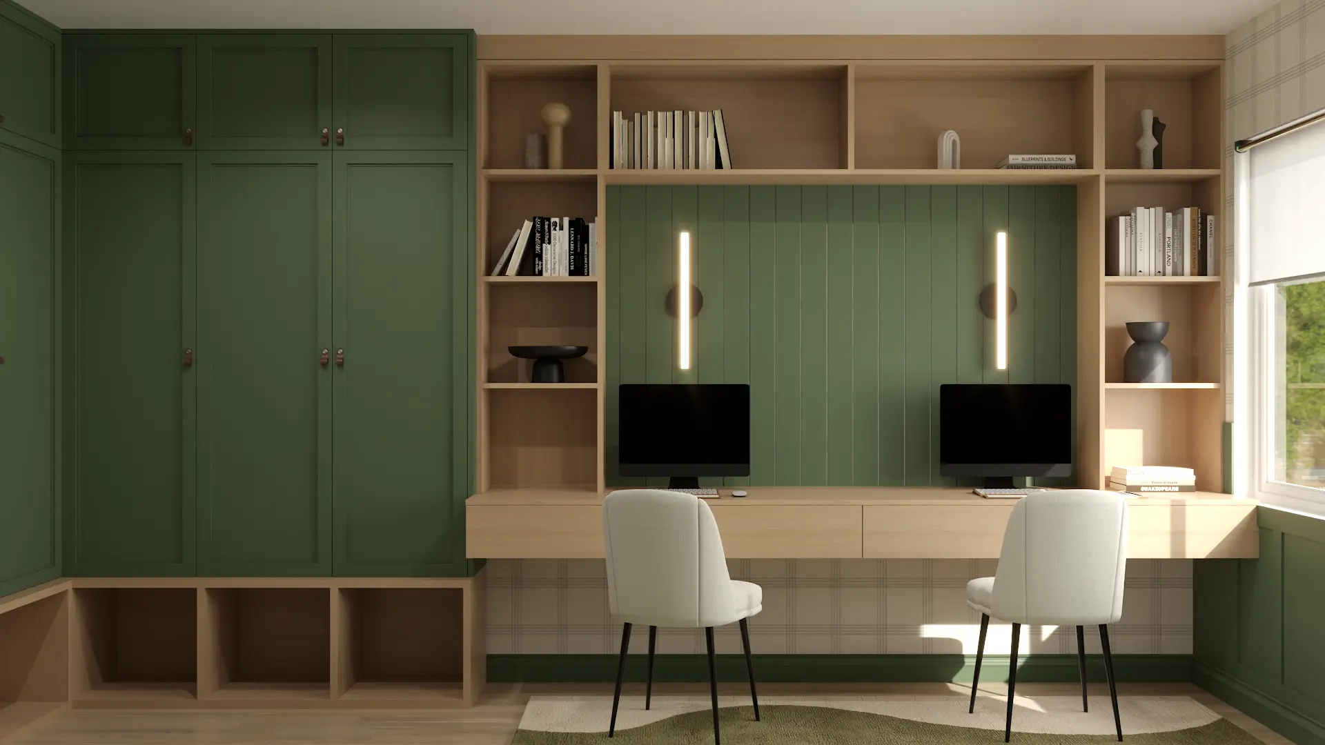 Stylish home office with green cabinetry and natural light, designed by Debora, an online interior design service based in New York City.