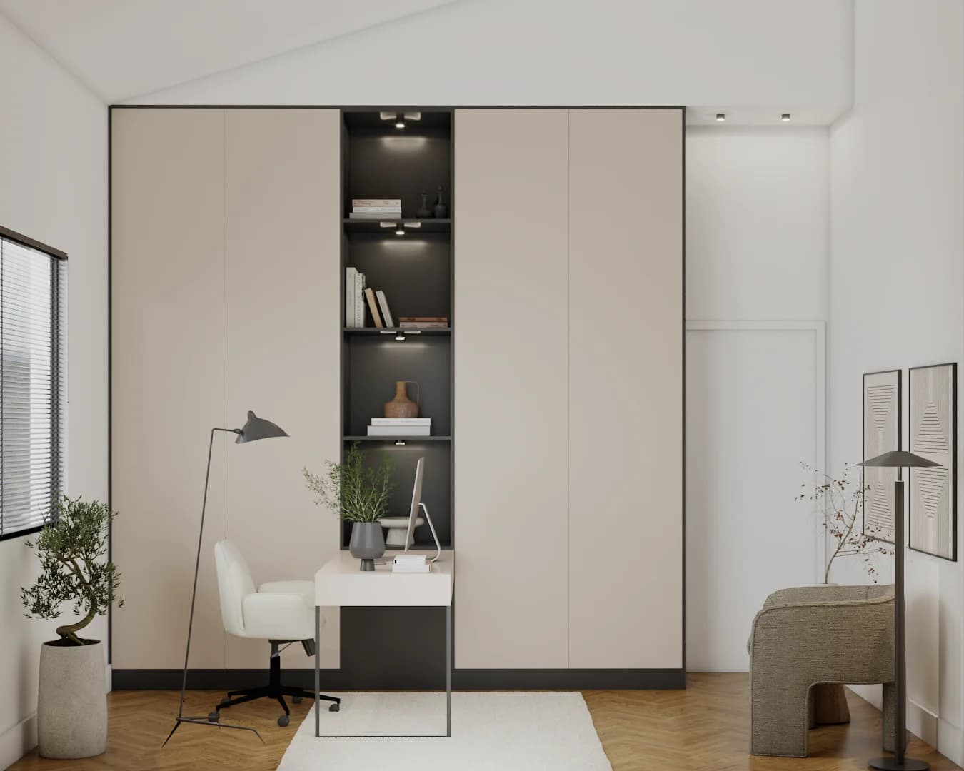 Organic modern home office with beige built-in cabinet wall, lit niche desk, and herringbone floor