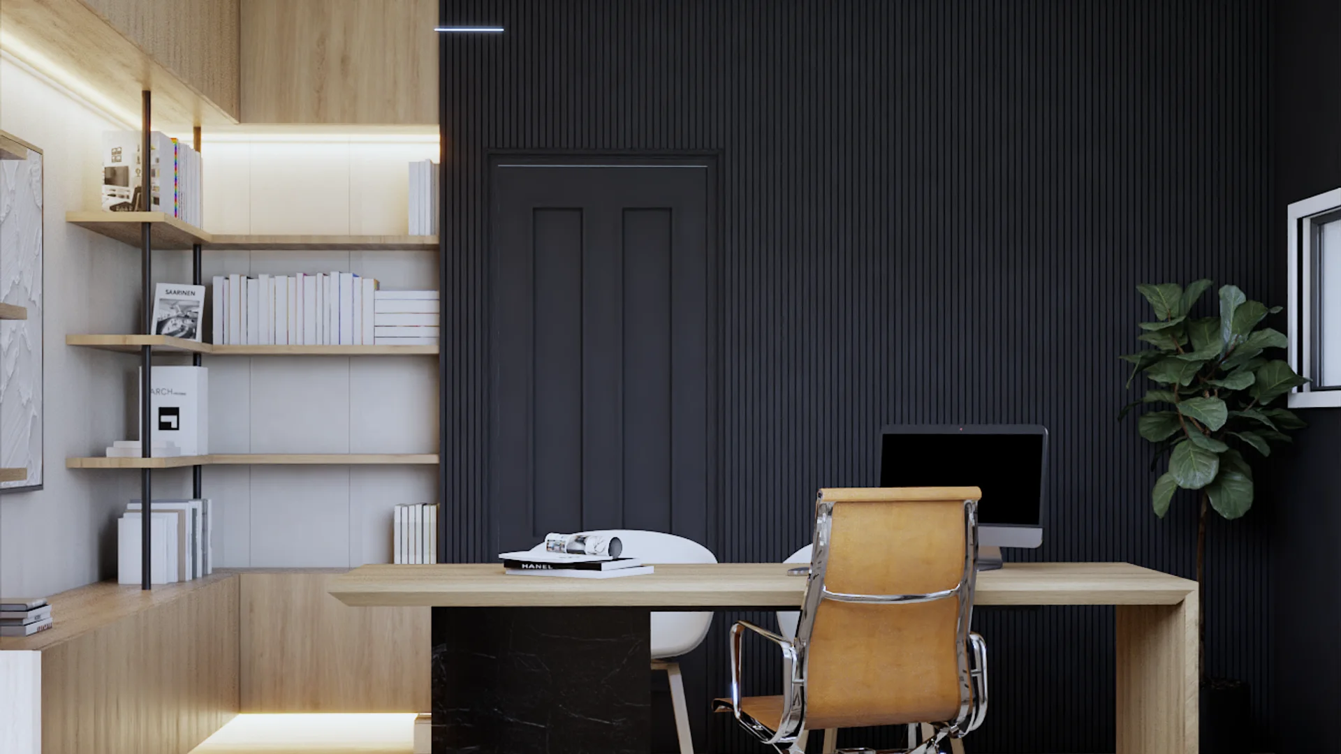 Home office with full black fluted accent wall, dark paneled door, oak floating desk with black marble base, tan leather chrome executive chair, white guest chair, floor-to-ceiling oak open shelves with LED lighting and books, fiddle leaf fig plant