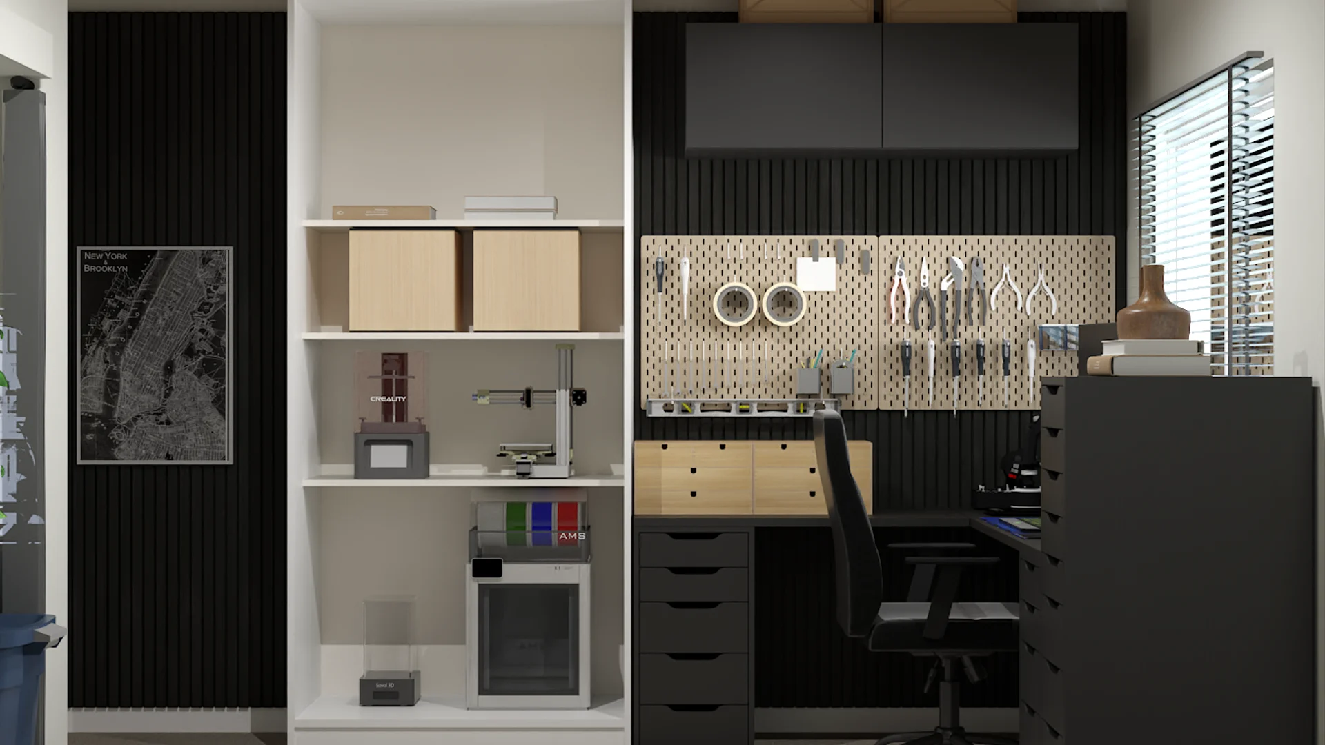 Industrial workshop zone with black slatted panels, pegboard tool wall, white shelving, and birch workbench
