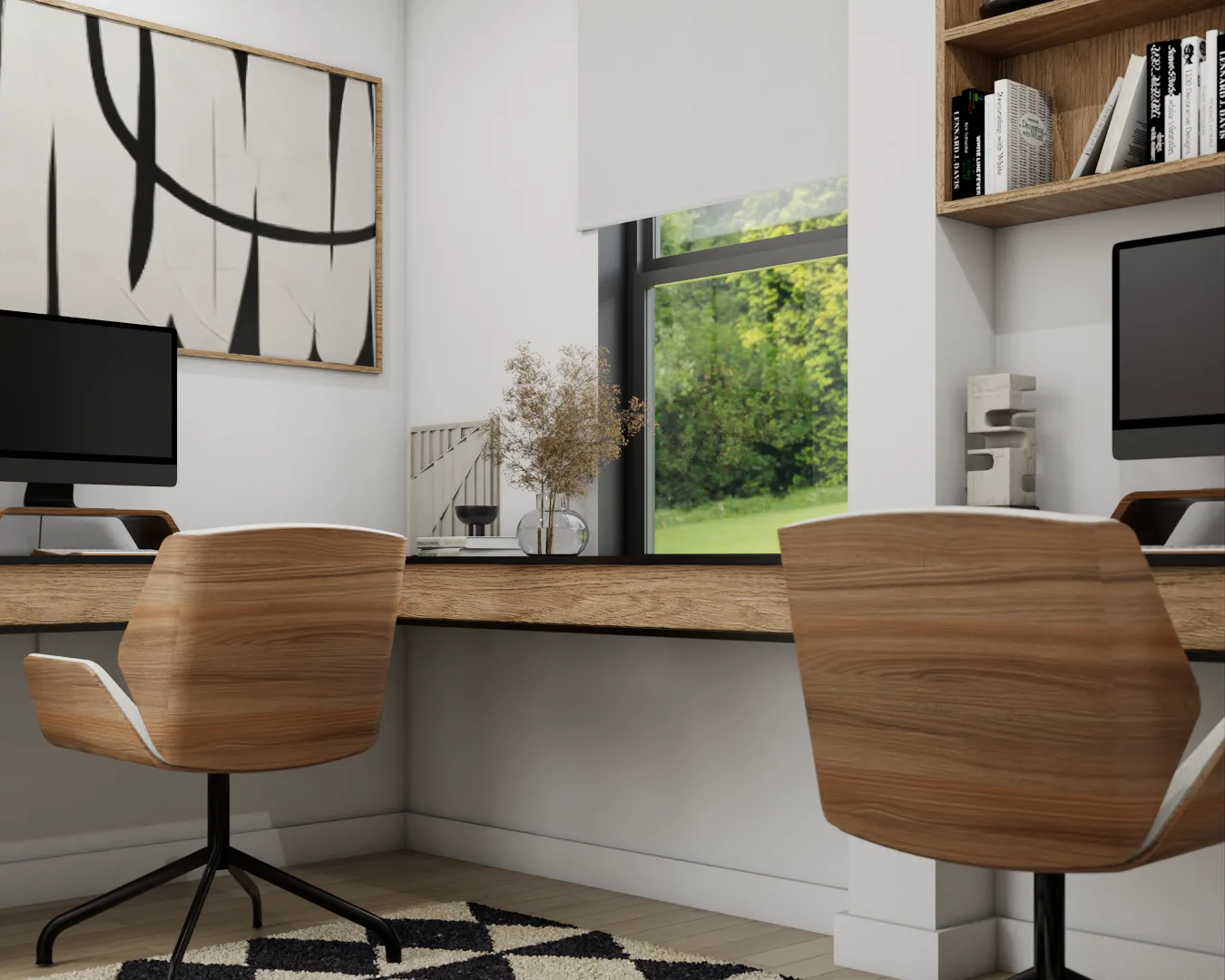 Walnut chairs at desk with dried botanicals, abstract art in niche, and bookshelf with iMac