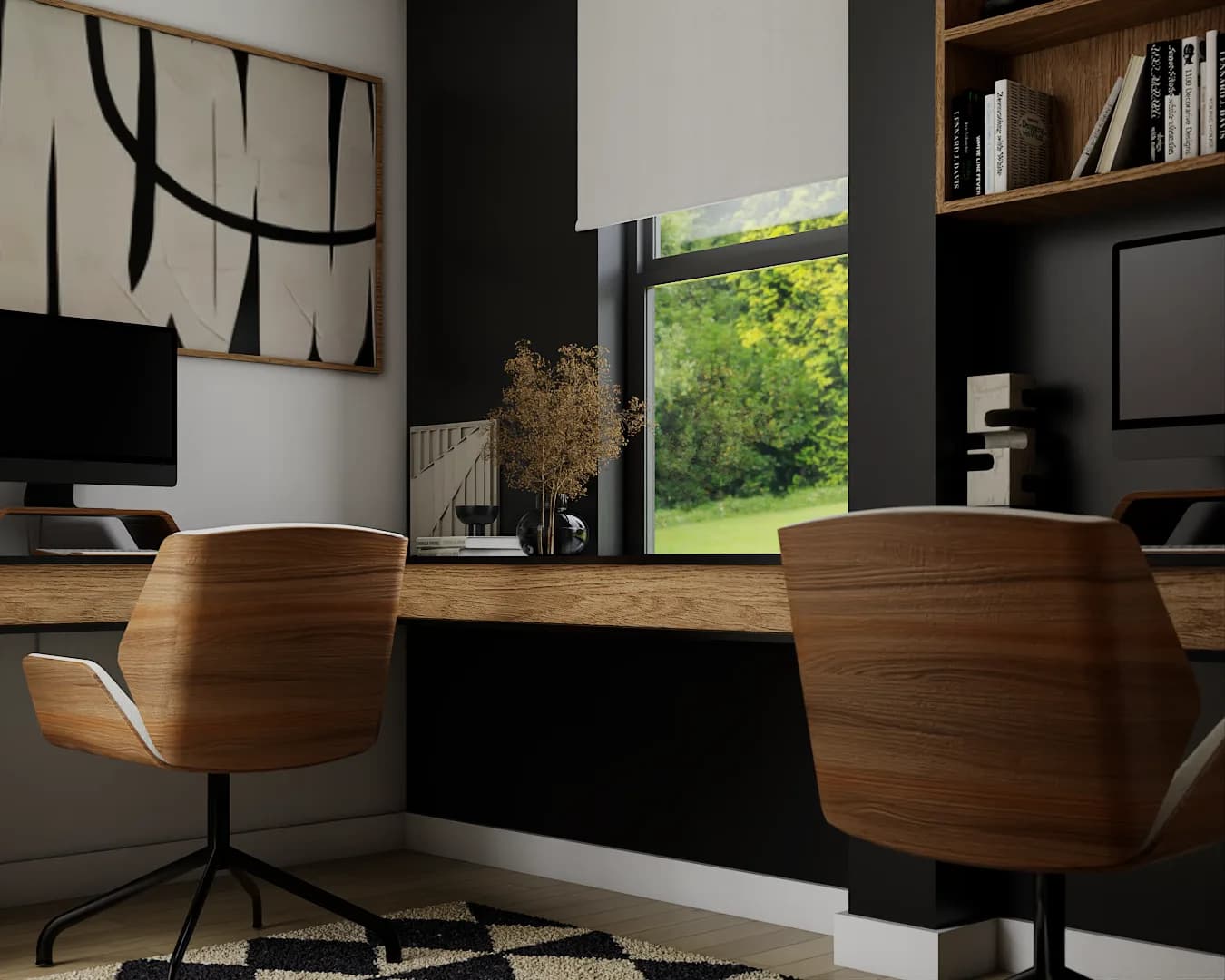 Close-up of walnut swivel chairs at L-desk with abstract art above and garden window
