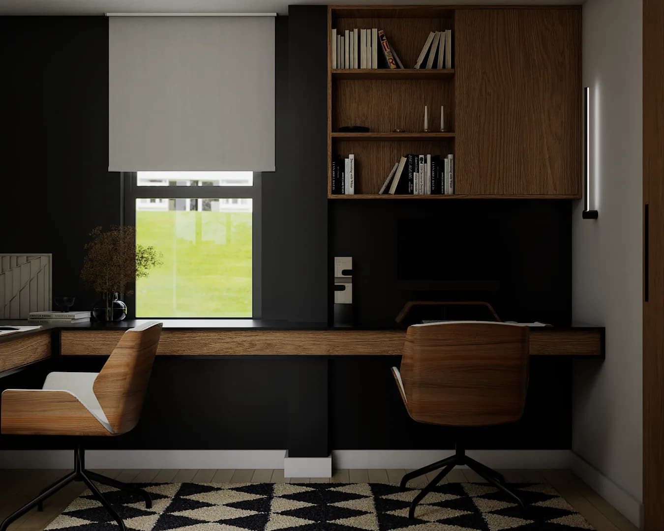 Two-person home office with black accent wall, floating walnut L-shaped desk, two molded walnut swivel chairs, and walnut bookshelves