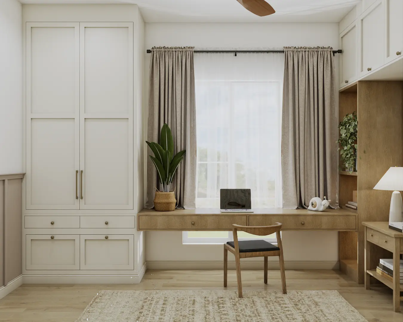 Sleek and practical home office in neutral tones, featuring streamlined furniture for a focused workspace, designed by Debora, New York City based interior design service.