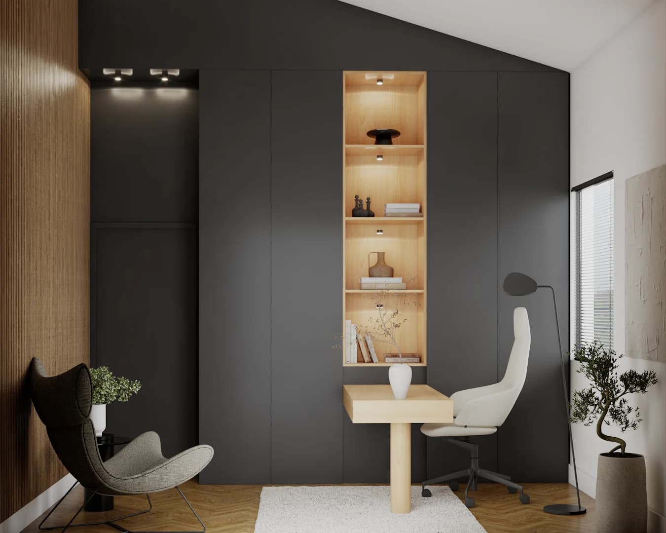 Dark charcoal home office with floor-to-ceiling built-ins, oak backlit niche, and pedestal desk