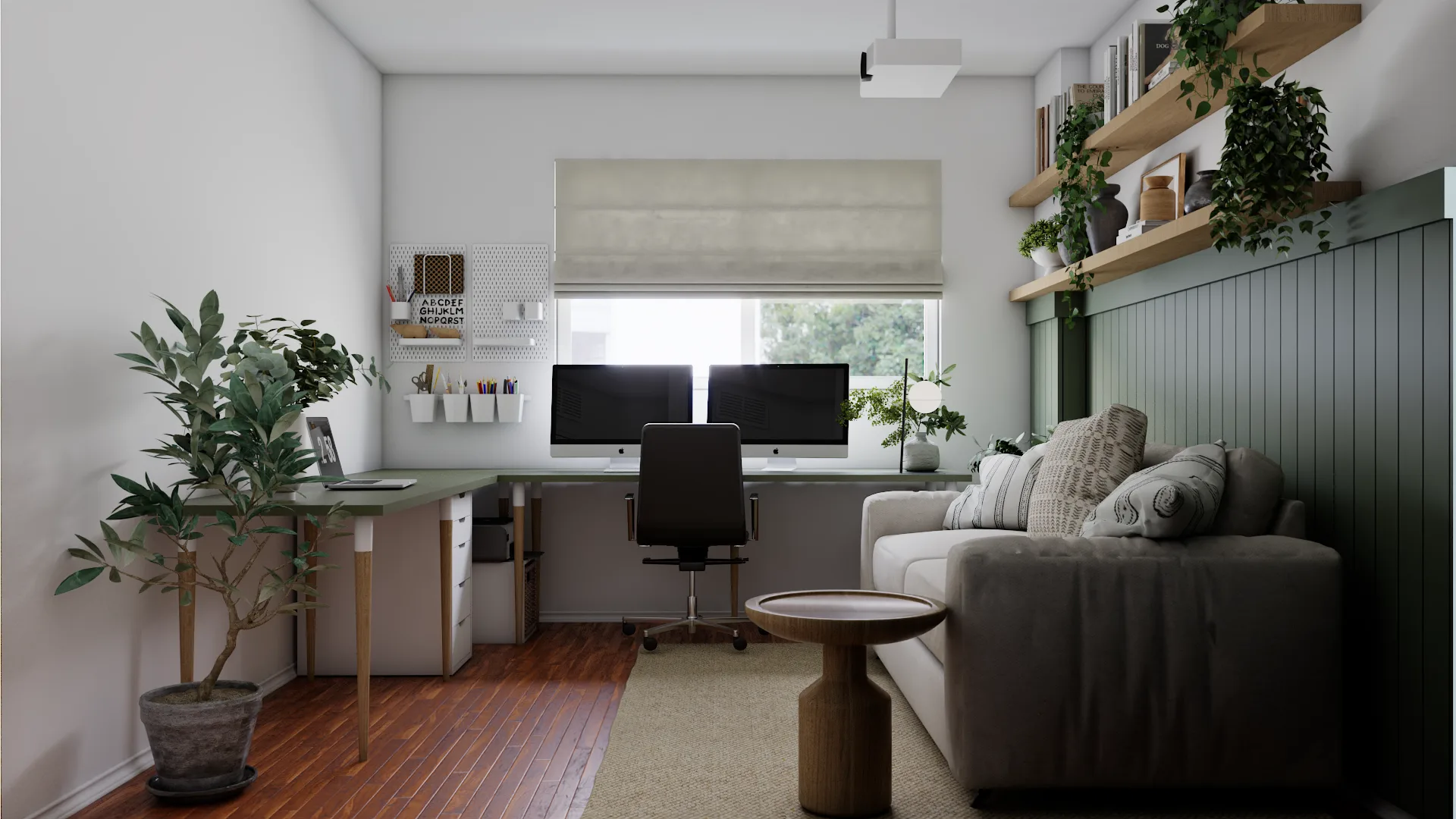 Compact home office with L-shaped desk, dual monitors, sage board-and-batten wall, cream daybed, and oak shelves