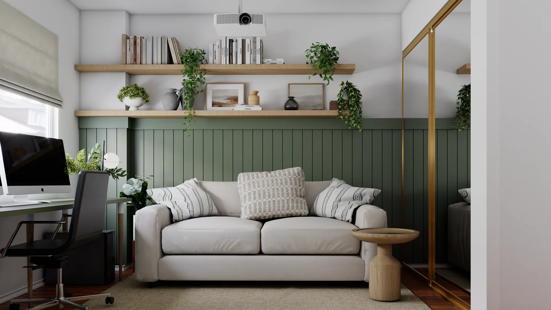 Cream daybed against sage beadboard wainscoting, oak shelves with trailing pothos and brass mirror