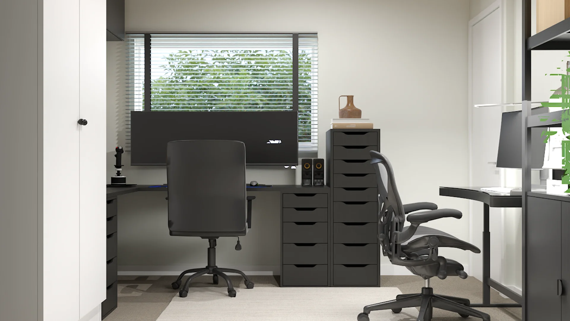 Dark charcoal home office with dual workstations, mesh ergonomic chair, tall drawer tower, and horizontal window blinds