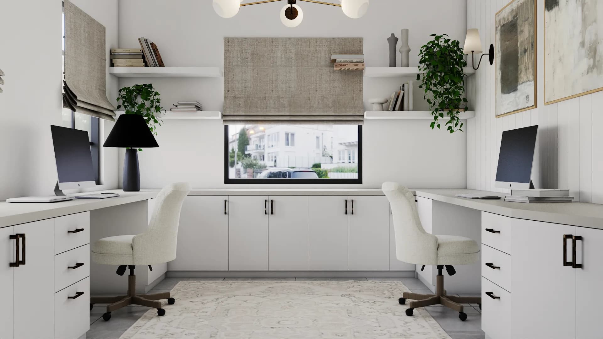 Symmetrical dual-desk home office with shiplap wall, cream chairs, black hardware, and globe pendant light