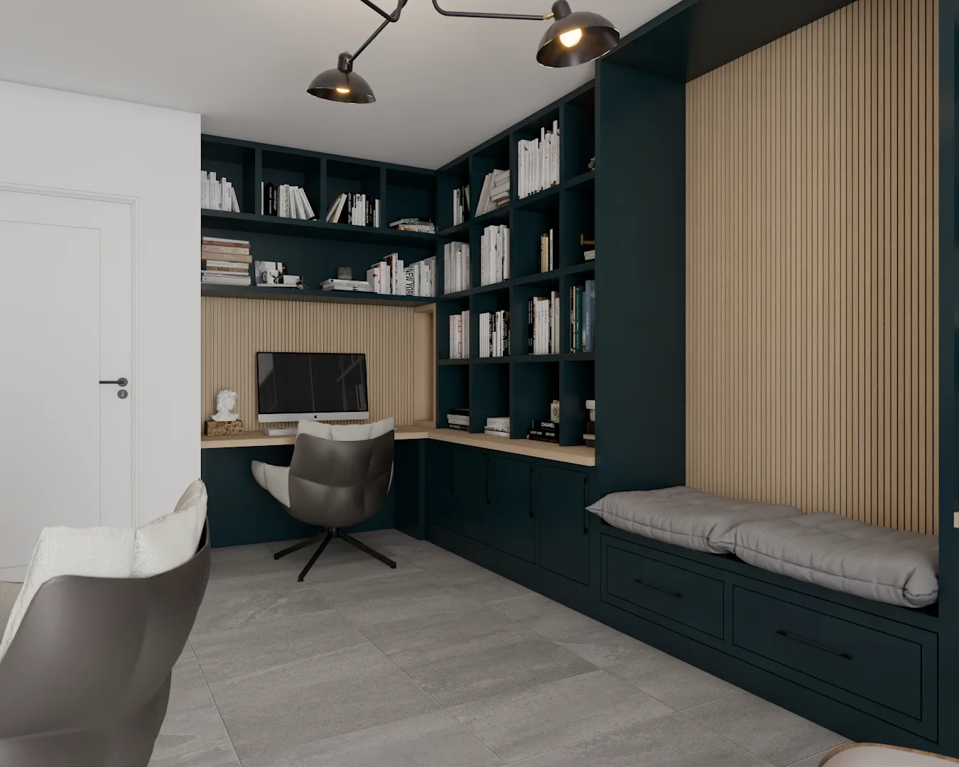 Teal floor-to-ceiling built-in shelving with oak desk, window bench, and swivel chair