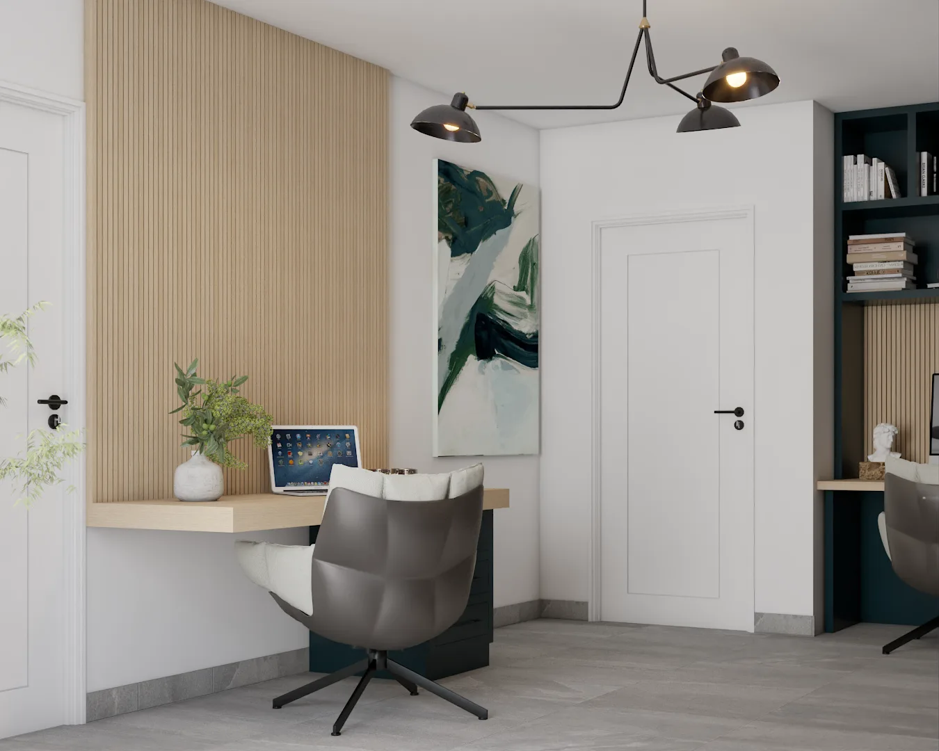 Floating oak desk against vertical wood slat wall with abstract green art and teal shelving