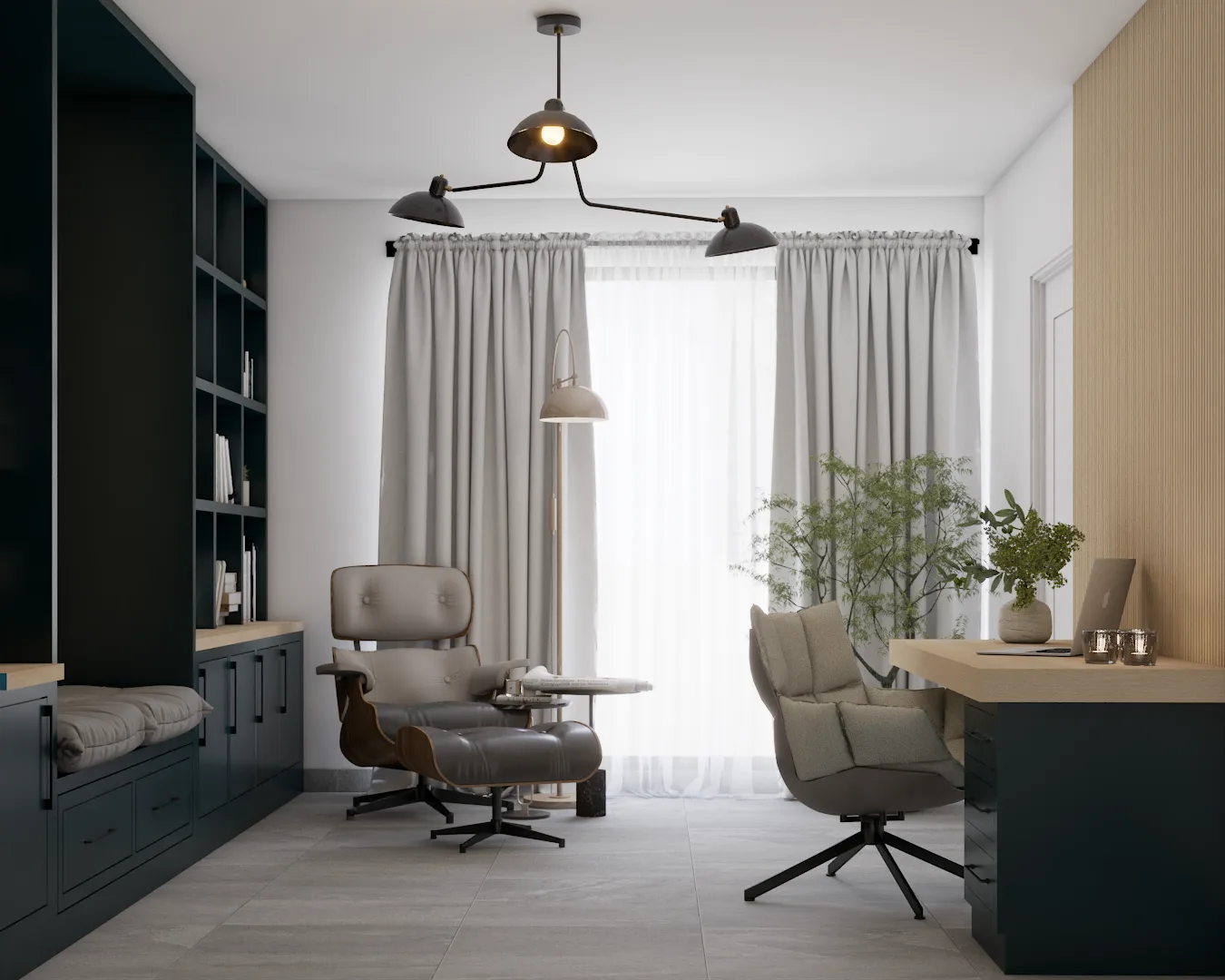 Home office with deep teal built-in cabinetry, Eames lounge chair, oak slat panel, and floating desk