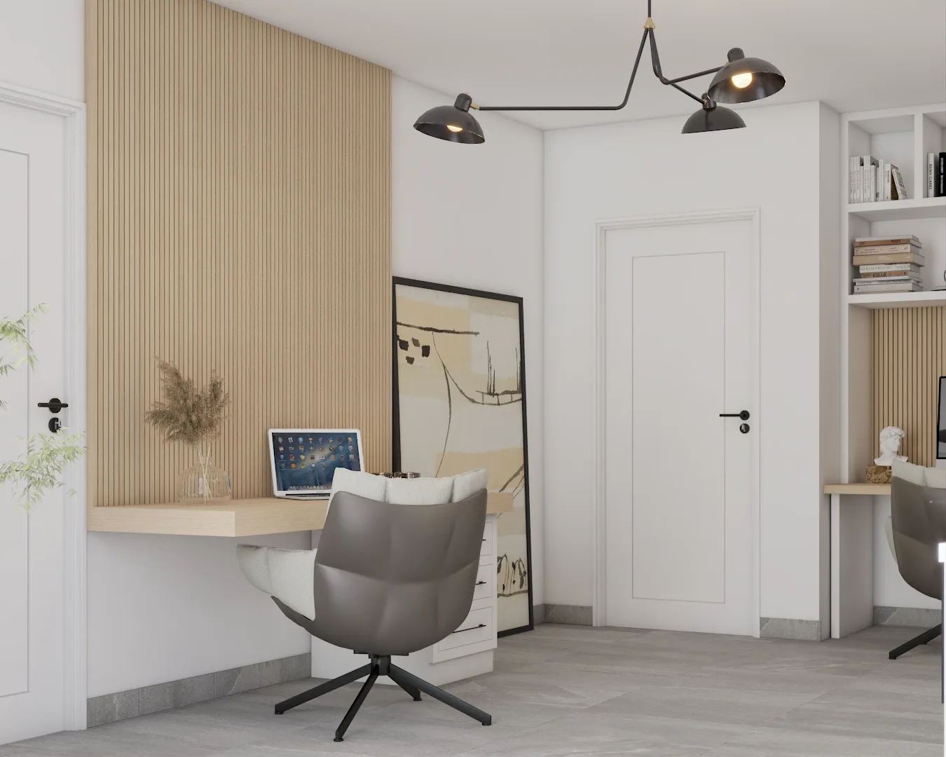 Floating oak desk against vertical wood slat wall with abstract art and white shelving
