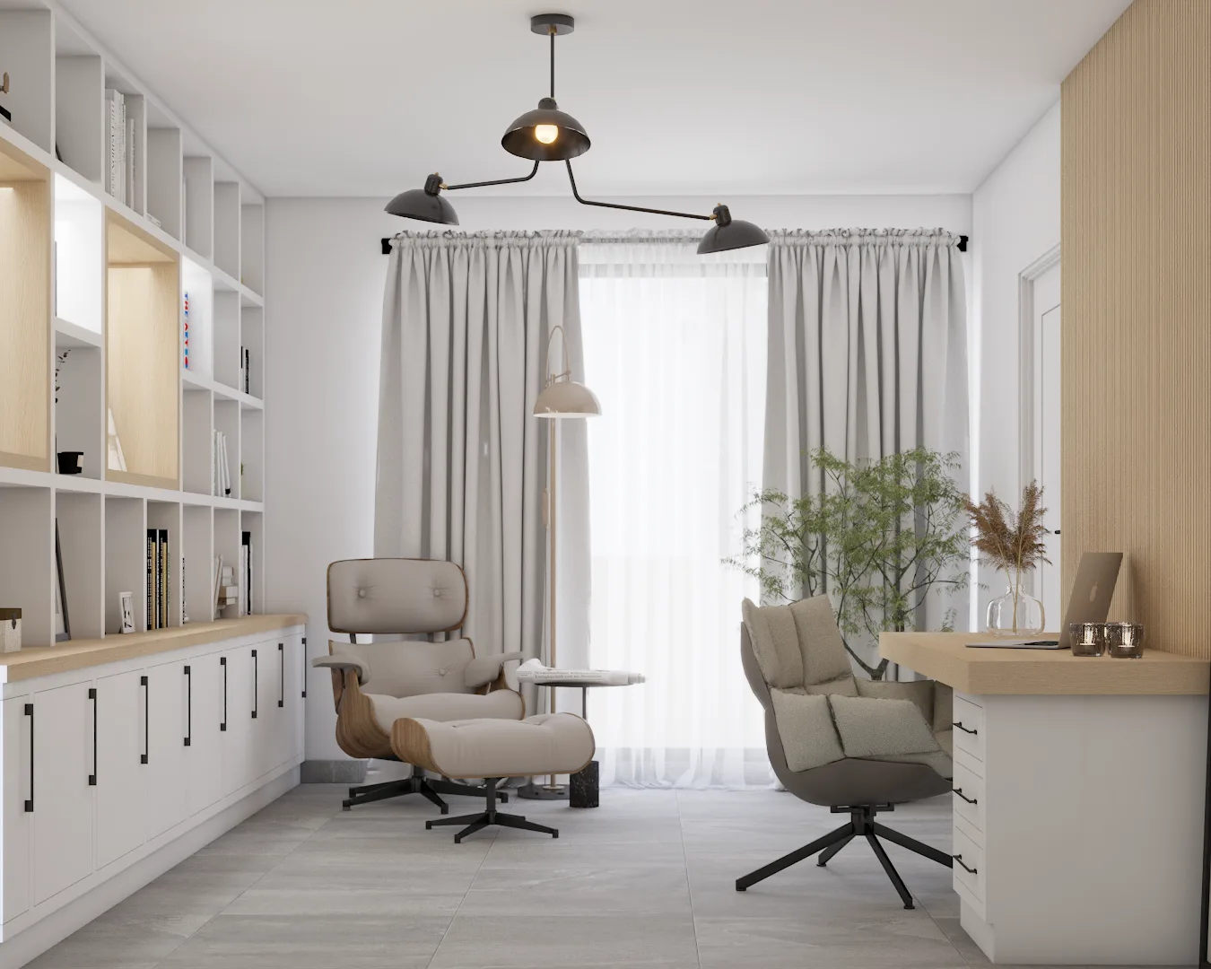White built-in home office with Eames lounge chair, floating oak desk, and linen curtains