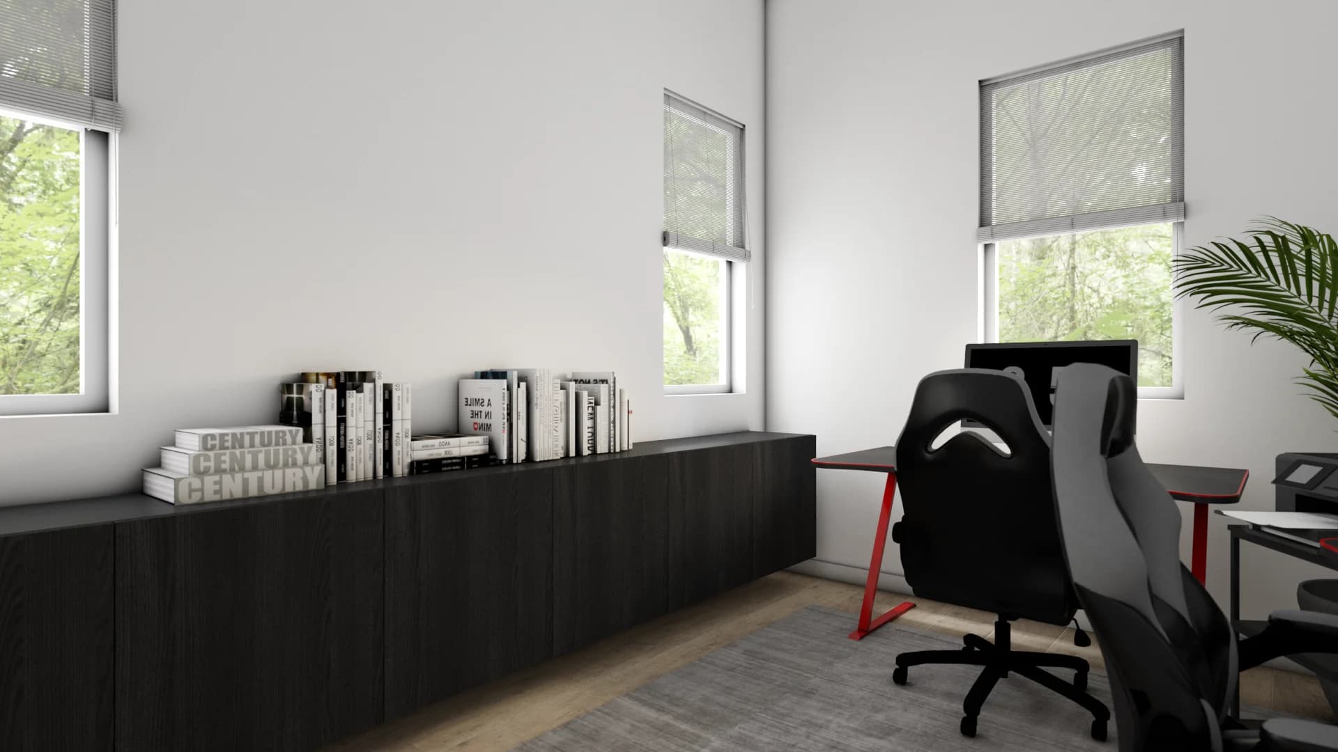 Gaming home office with long espresso credenza topped with stacked design books, two black racing chairs, and roller blinds on a corner window