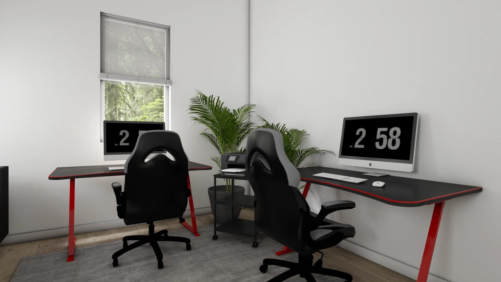 Dual red-frame gaming desks with black racing chairs, iMac monitors, and a palm plant against white walls and roller shade windows